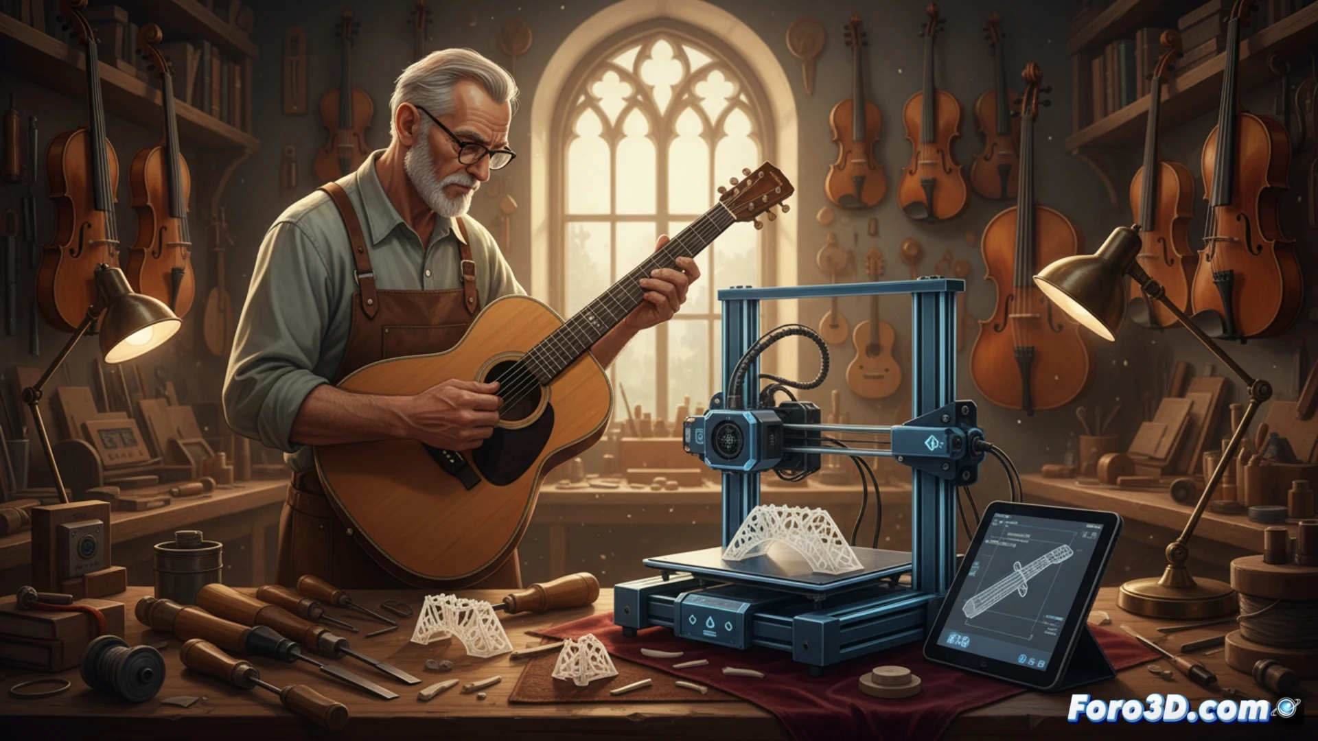 Un luthier sostiene una guitarra clásica mientras examina una cejilla impresa en 3D, con piezas de filamento sobre una mesa y herramientas tradicionales al fondo, en un taller iluminado por luz natural.
