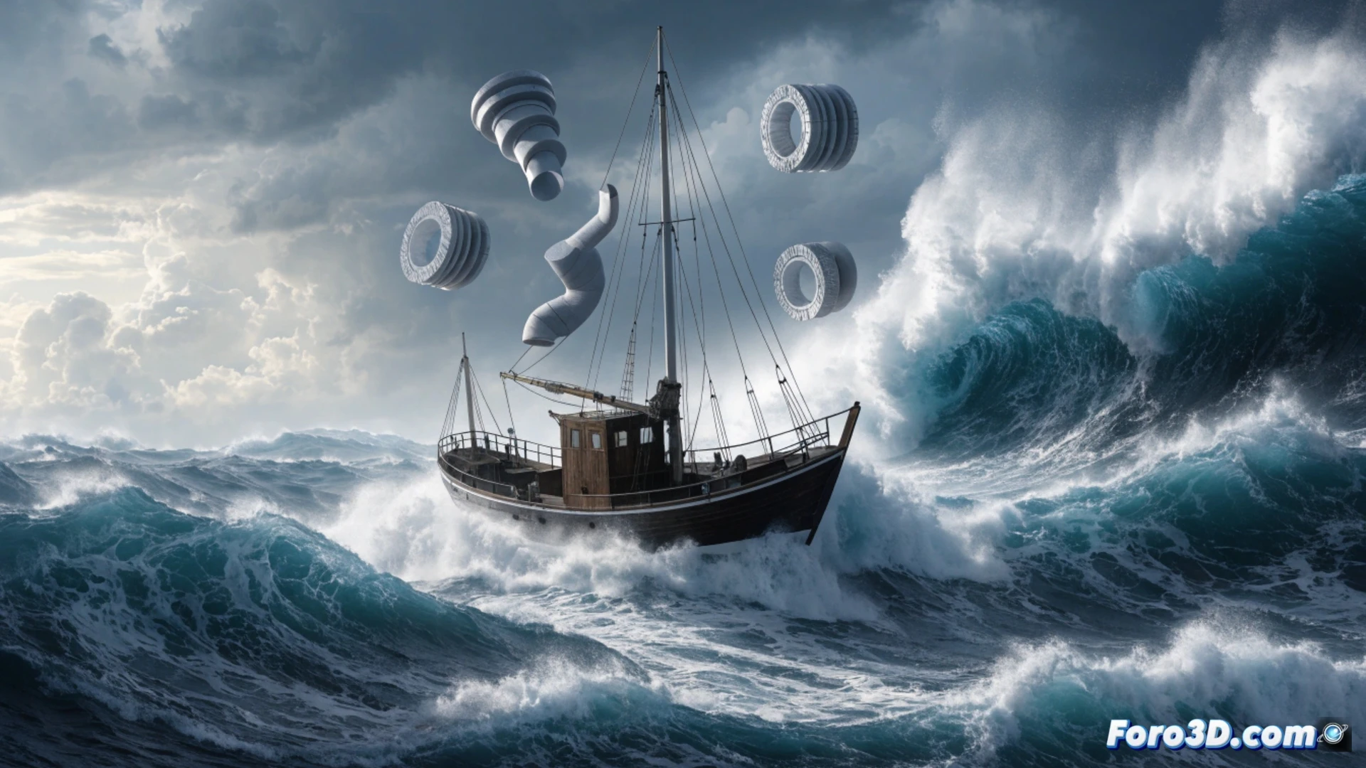 Imagen realista de un pescador en cubierta revisando una hélice impresa en 3D, con una Creality Ender 3 al fondo y piezas de repuesto de plástico y metal.