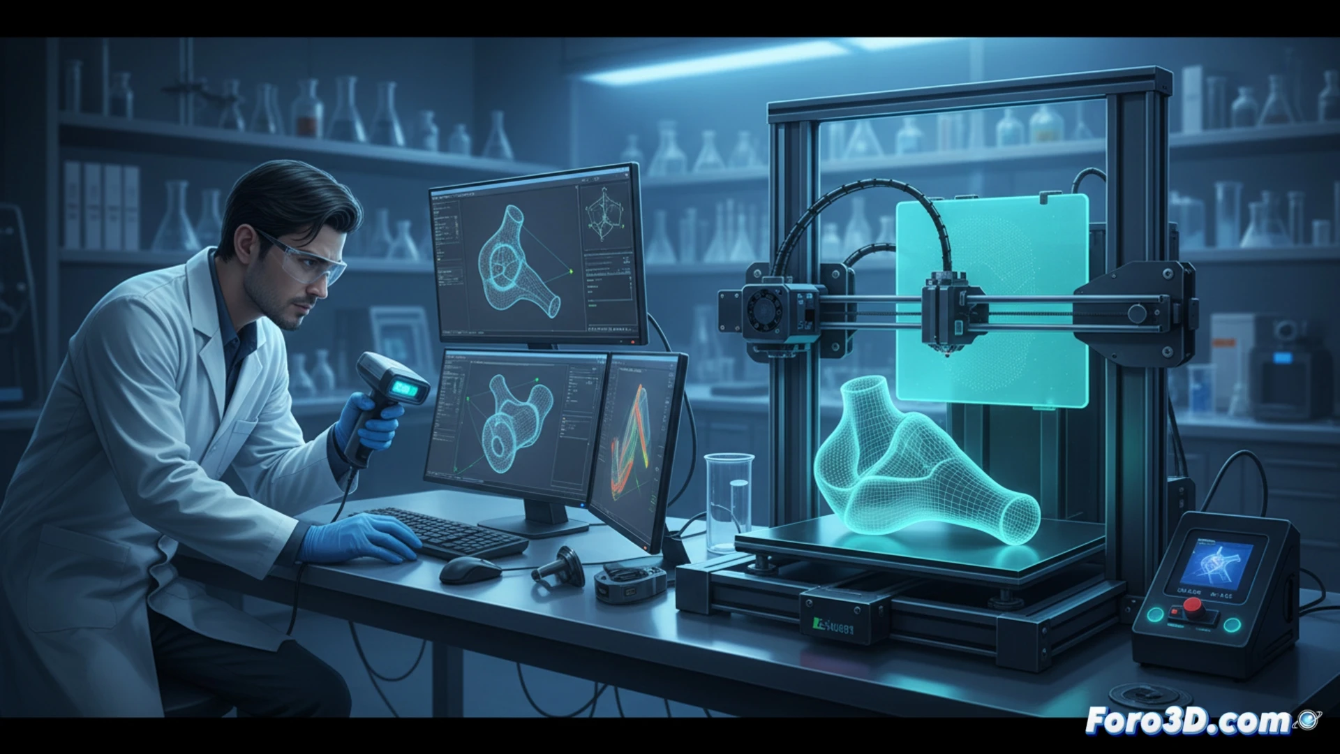 Un técnico de laboratorio sostiene un soporte impreso en 3D para tubos de ensayo, junto a un escáner y una pantalla con un modelo digital.