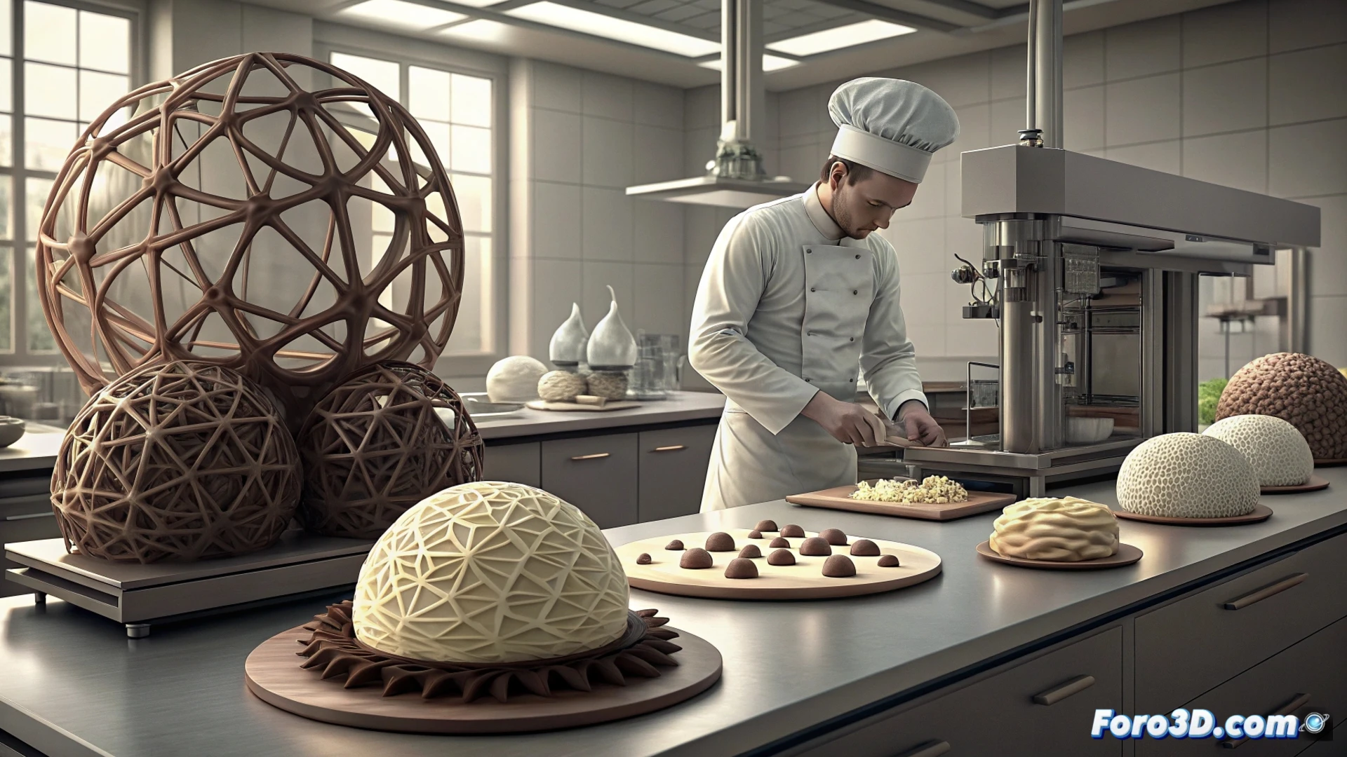 Una cocina moderna iluminada: un chef sostiene un plato con esferas de puré rojo y estructuras de chocolate dorado, mientras una impresora 3D deposita una guarnición compleja.