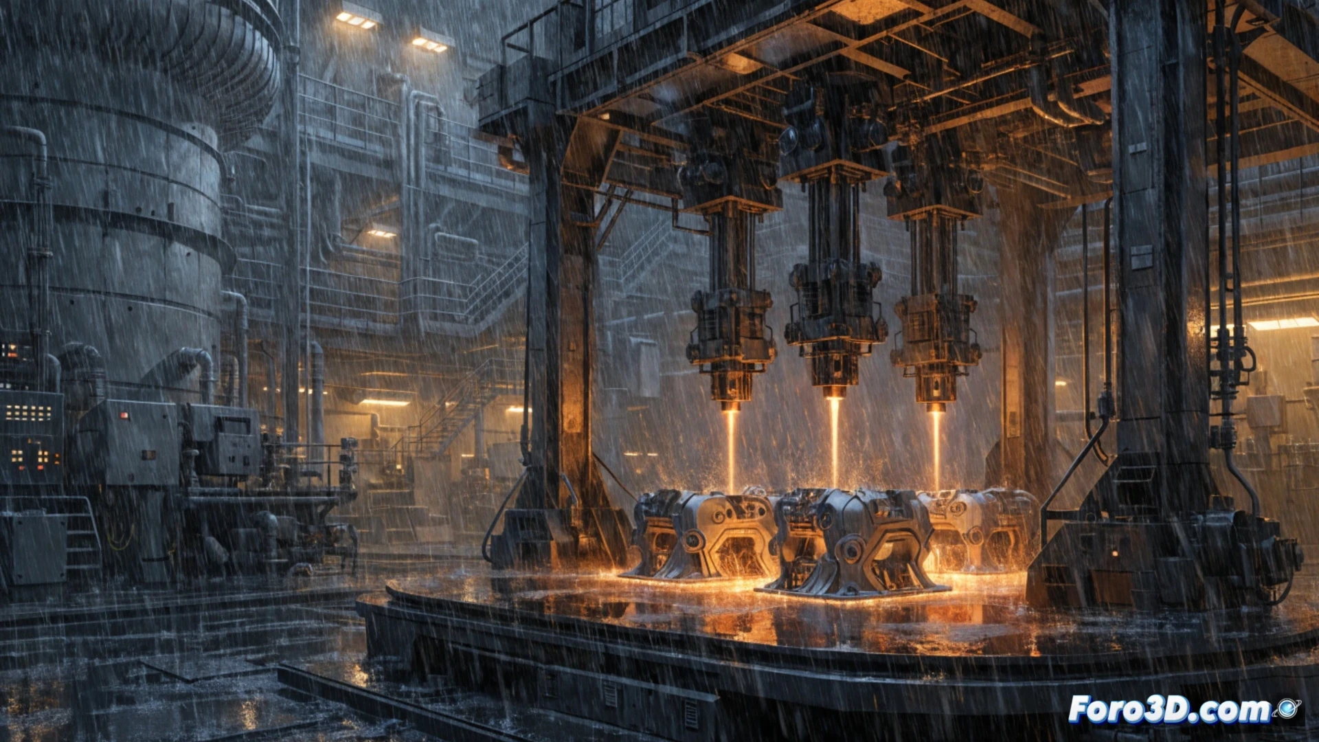Una impresora 3D industrial fabrica una pieza metálica de bomba de refrigeración nuclear, con un reactor de fondo y técnicos supervisando el proceso.