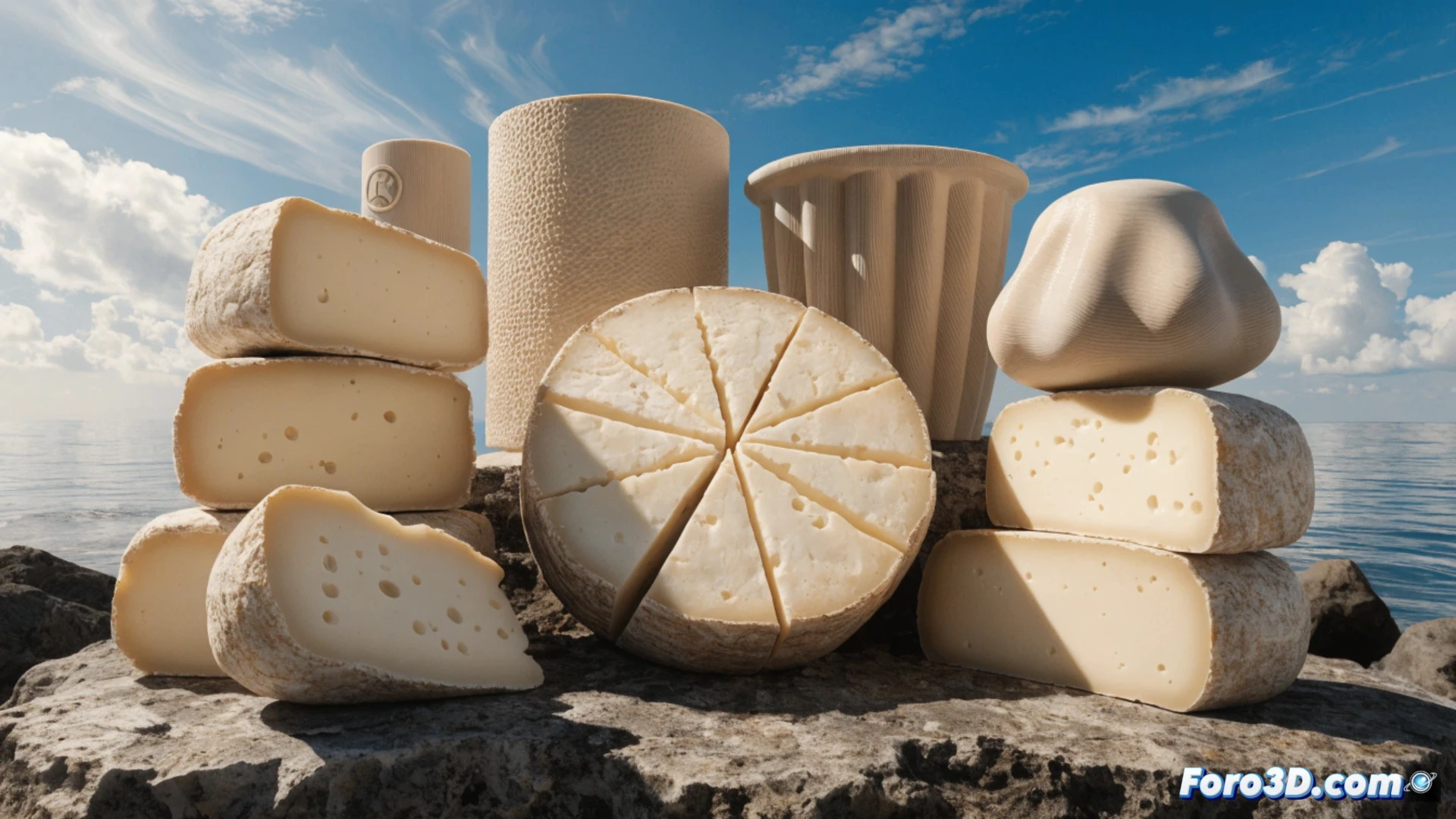 Descripción detallada para imagen: Primer plano de un queso artesanal con forma geométrica moderna y logo grabado, junto a un molde de plástico impreso en 3D. Al fondo, manos de quesero sostienen una pieza tradicional, fusionando tecnología y herencia quesera. (119 caracteres)