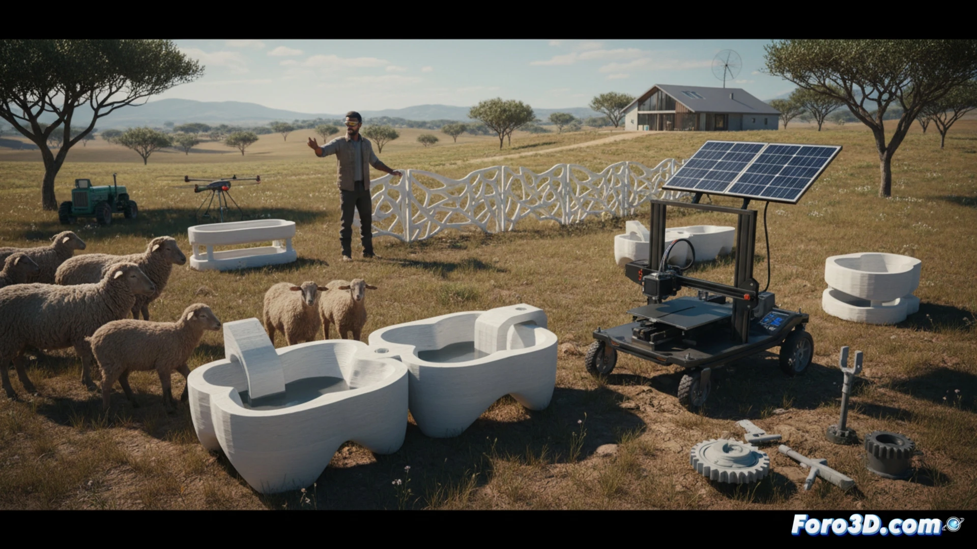 Pastor junto a una impresora 3D solar, fabricando un bebedero portátil en PLA para su rebaño en campo abierto.