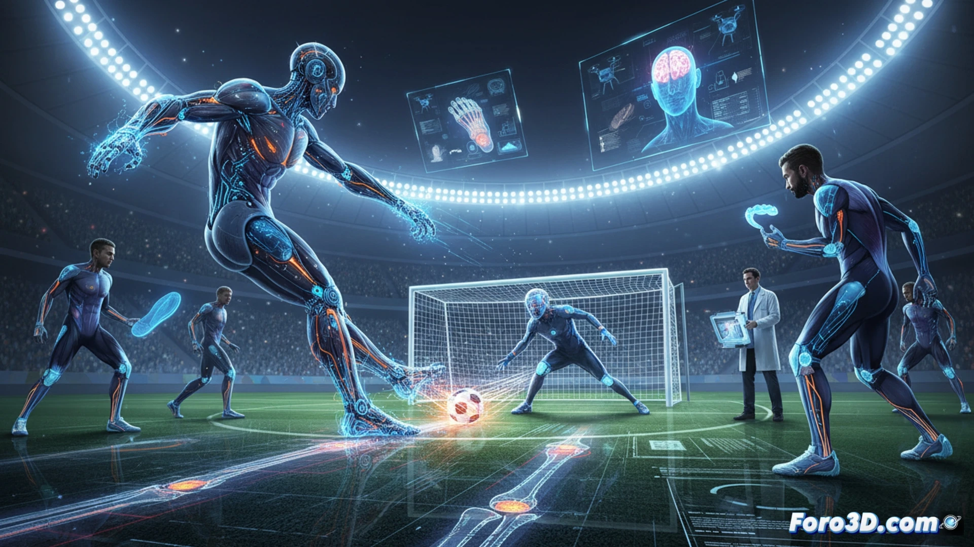 Un futbolista del futuro patea un balón con botines impresos en 3D, rodeado de gráficos biomecánicos y un protector bucal escaneado.