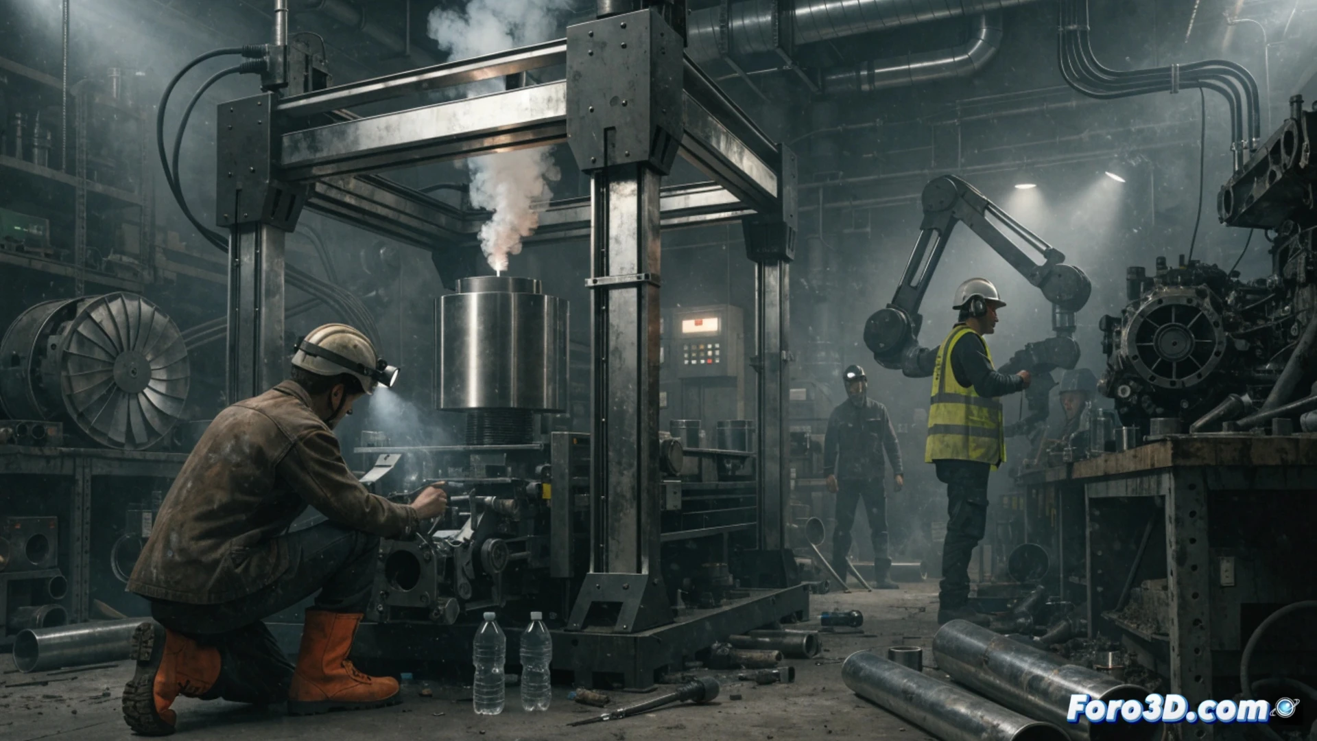 Mecánico industrial digitaliza pieza rota con escáner 3D, mientras impresora fabrica repuesto en metal junto a máquina parada.