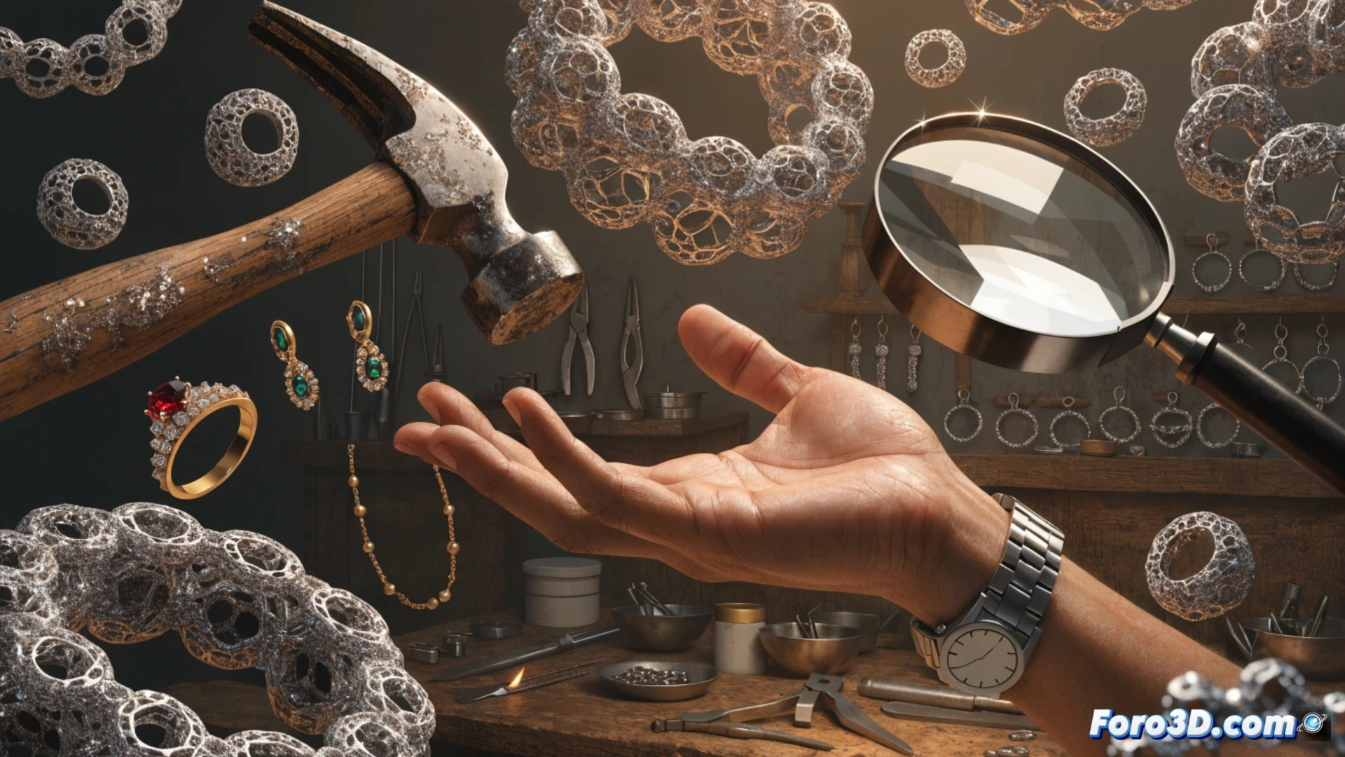 Mano experta sostiene anillo de filigrana compleja junto a impresora 3D que fabrica modelo en cera, fusionando arte tradicional con tecnología moderna.