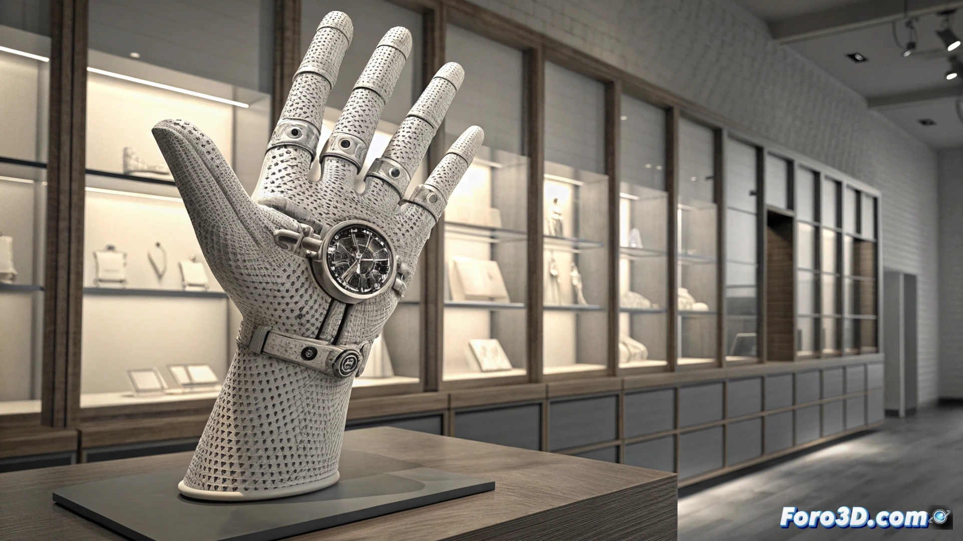 Un escaparatista sostiene una mano articulada impresa en 3D, ajustada al milímetro para un reloj, junto a esculturas geométricas iluminadas.