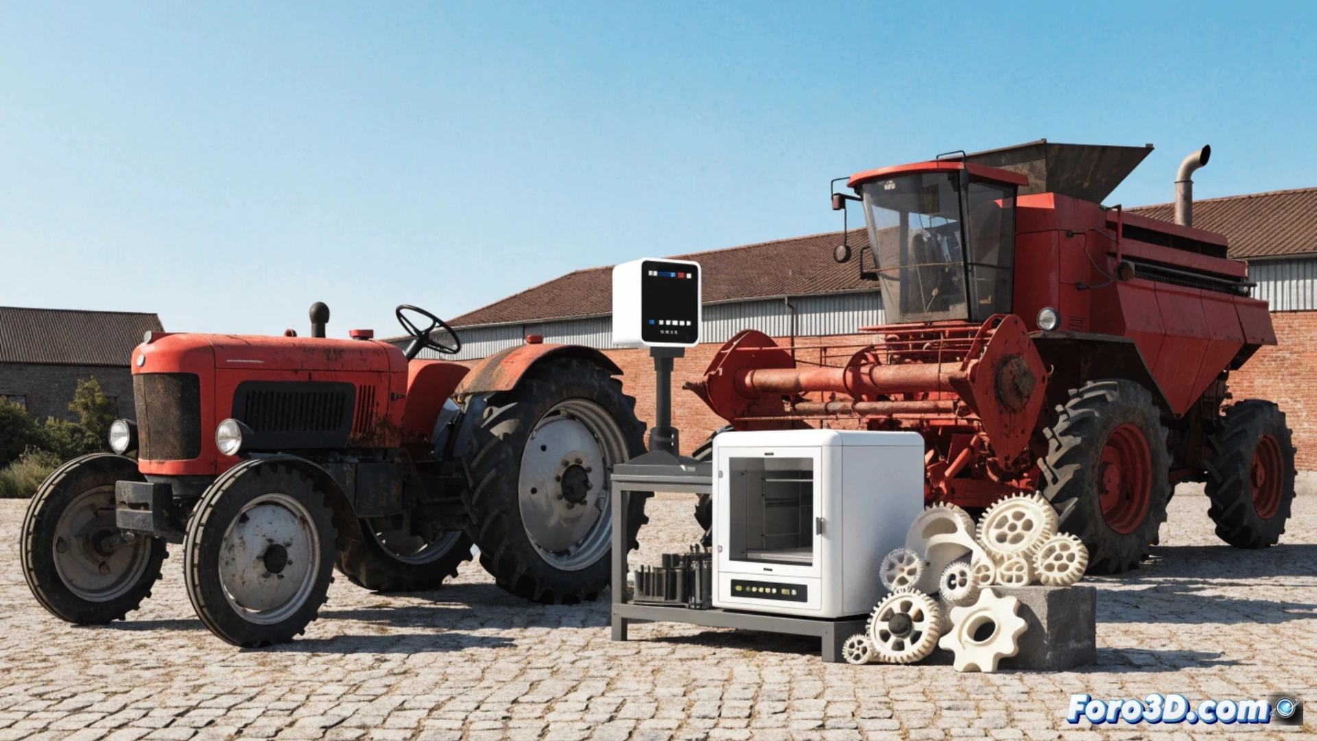 Un mecánico sostiene una pieza rota de tractor junto a su réplica impresa en 3D, con escáner y pantalla de diseño.