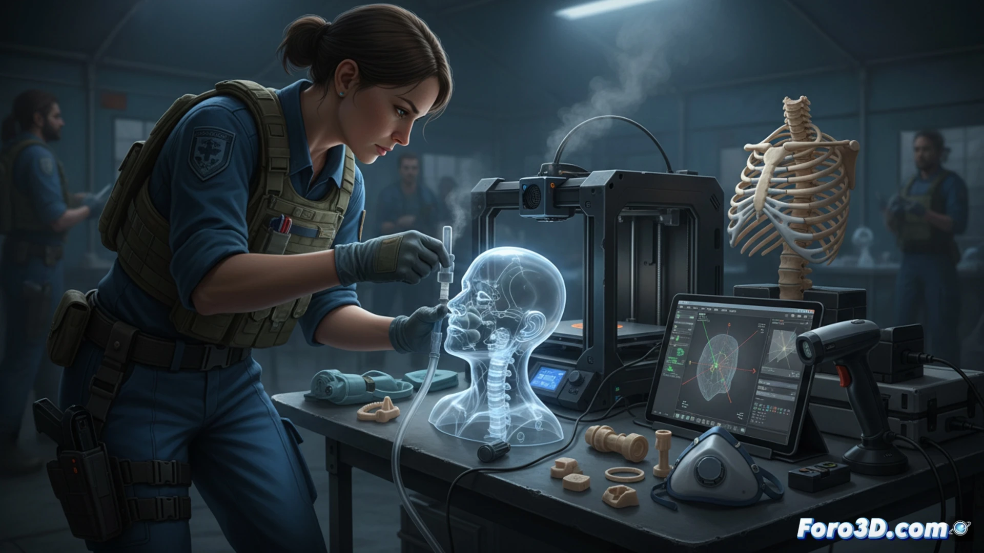 Un paramédico sostiene una réplica 3D transparente de una tráquea humana, frente a una pantalla con modelos digitales y herramientas de software médico.