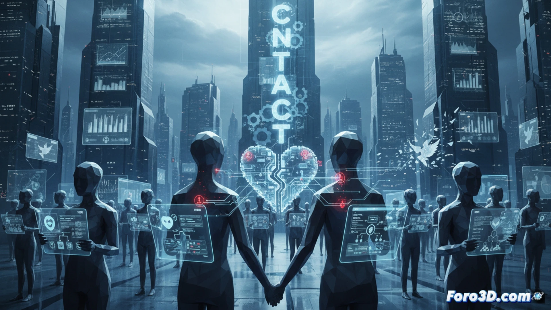 photorealistic technical illustration, two human silhouettes facing each other across a glowing digital interface, emotions visualized as color-coded data streams flowing between them, a large computer monitor displaying a flowchart titled Relationship Protocol with decision nodes labeled boundary setting and conflict resolution, a robotic hand extending a polished metal ticket stub labeled emotional support request, sterile white office environment, cold fluorescent lighting, polished concrete floor reflecting the interface glow, both figures wearing minimalist business attire, hands hovering over a keyboard and mouse, no facial expressions visible, hyper-detailed engineering visualization, cinematic composition with dramatic shadows, shallow depth of field focusing on the digital interaction