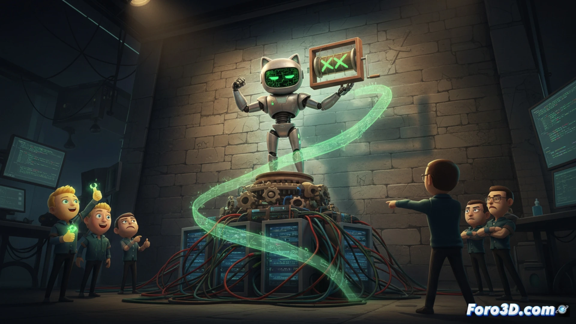 A glowing Blender interface on a monitor displaying a hand-animated 3D logo of GitHub Copilot, a designer’s hand moving a stylus over a drawing tablet, while behind the screen a robotic arm with glowing neural network nodes mimics the same motion, creating a surreal feedback loop, cinematic photorealistic technical illustration, dramatic studio lighting with blue and orange contrast, polished metal surfaces, visible wireframe overlays on the 3D model, digital particle effects floating around the hardware, ultra-detailed workstation with keyboard and mouse, showing the irony of manual craft versus AI automation