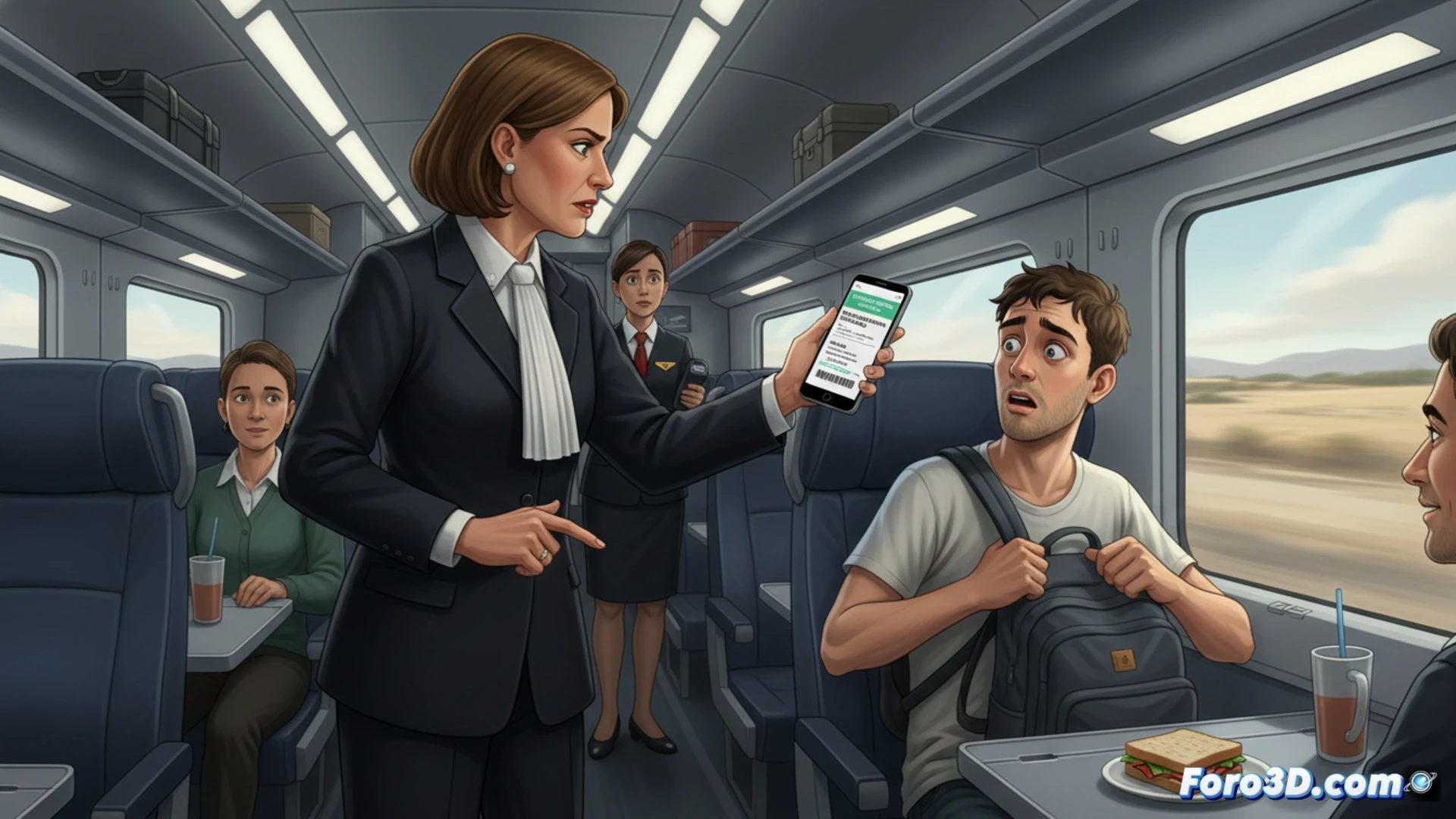 Un joven sonríe en un tren AVE sosteniendo un billete de media distancia, mientras una jueza lo observa desde el andén.