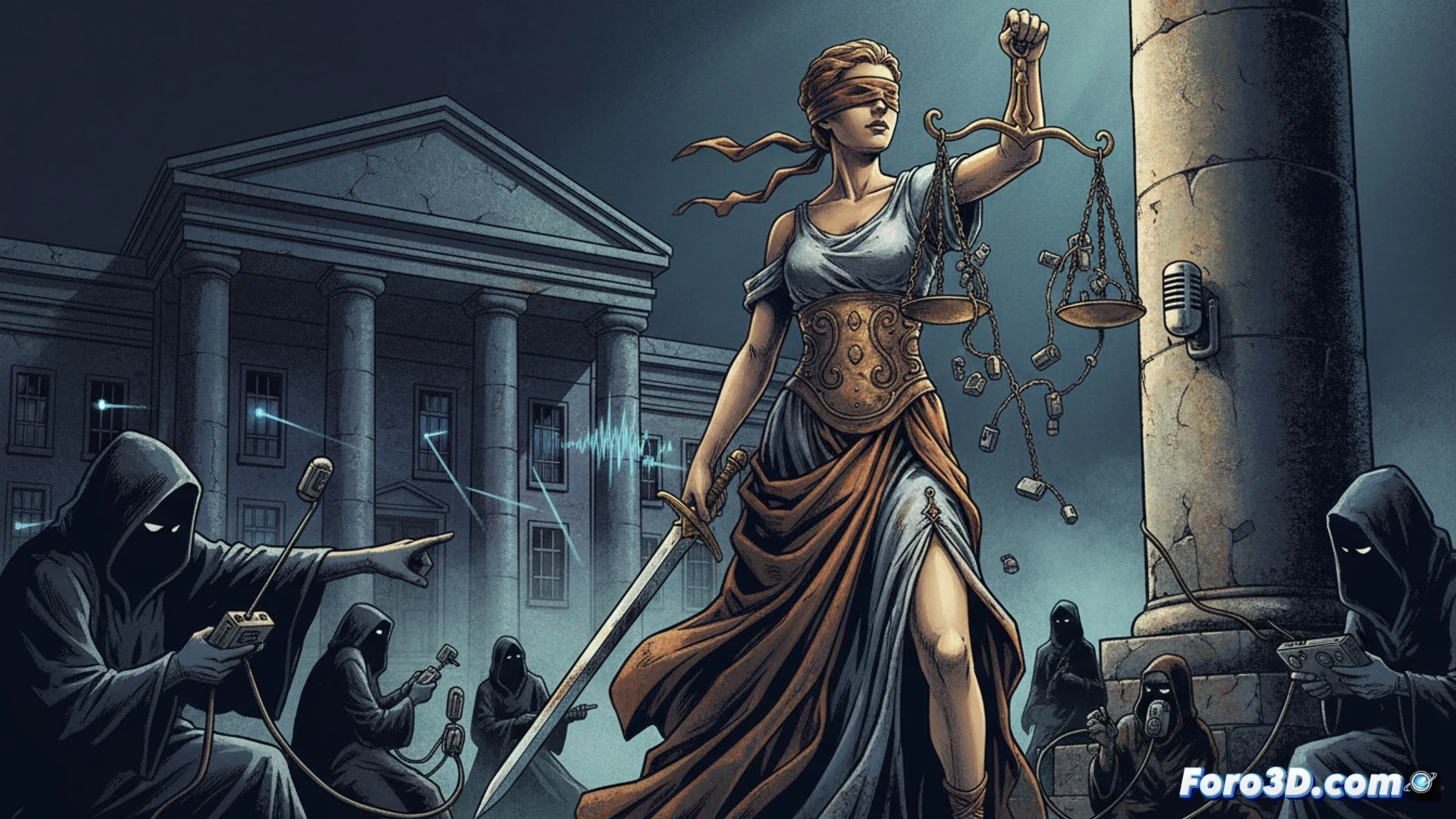 Descripción detallada: Un juzgado vacío con sombras alargadas, un micrófono oculto sobre el escritorio de un magistrado entre papeles y una toga, mientras una balanza de la justicia cuelga desequilibrada al fondo.