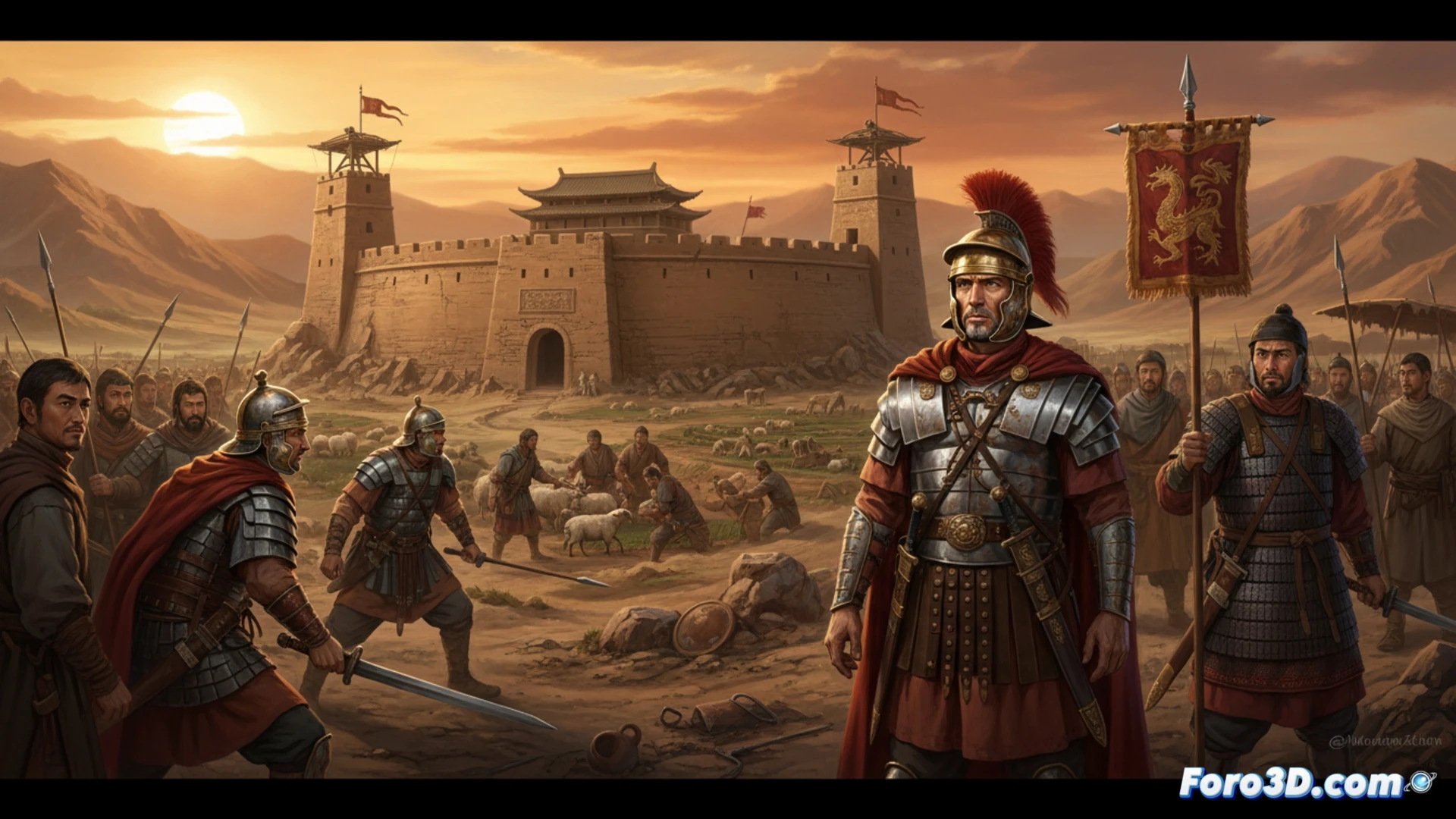 ancient battlefield at Carrhae, Roman legionaries in formation with rectangular shields and short swords, being overwhelmed by Parthian cataphracts on horseback, sandstorm obscuring the horizon, dramatic combat action, soldiers falling while others surrender, cinematic historical visualization, dusty golden light, metallic armor reflections, spears and arrows mid-flight, photorealistic technical illustration, detailed Roman armor and Parthian scale mail, intense motion blur, epic wide-angle composition