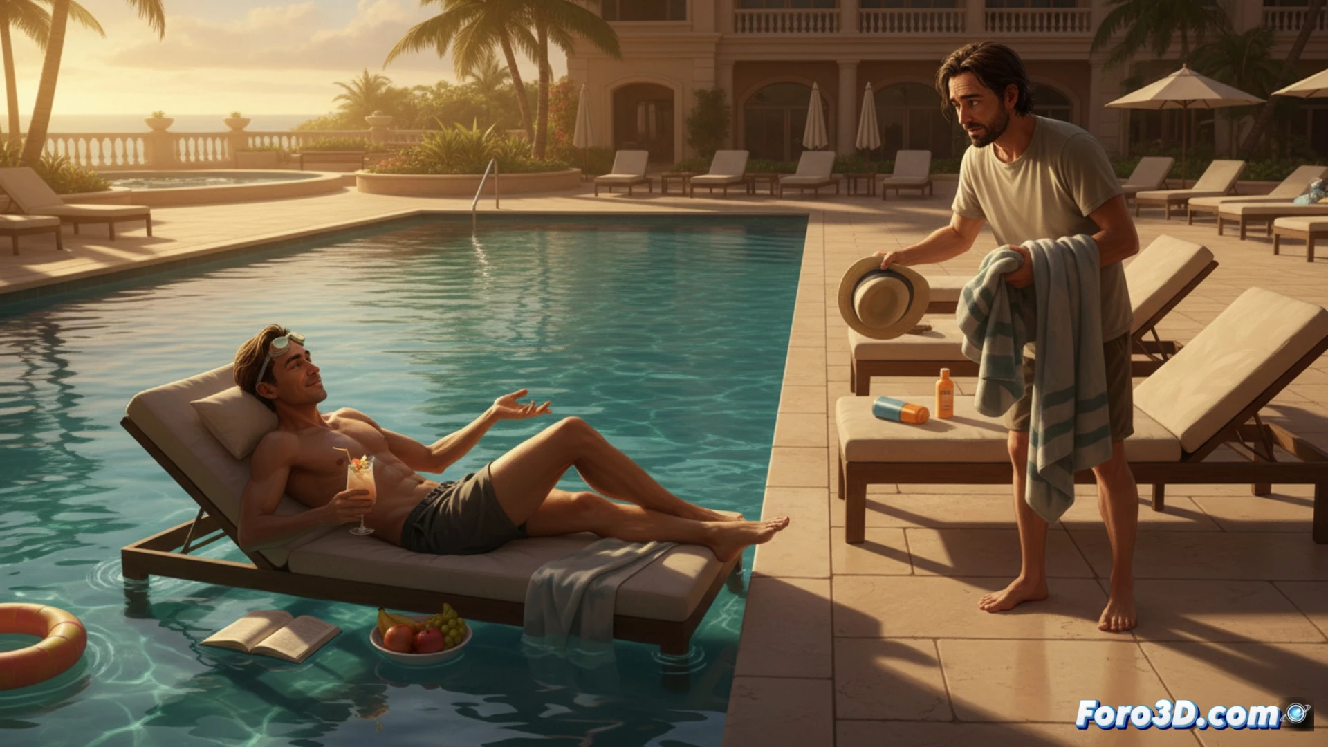 sunlit swimming pool scene, a single overturned plastic tumbler on a concrete deck, a folded beach towel lying crumpled on a lounger, a man in swim trunks asleep with one arm draped over the lounger's armrest, a second man arriving with a sun hat and sunscreen bottle, his shadow falling across the lounger, invisible territorial claim lines radiating from the sleeping figure, pool water surface reflecting ripples of light, technical illustration style, photorealistic lighting, sharp focus on the contrast between active and passive figures, demonstrating the hierarchy of minimal effort, cinematic composition, golden hour sunlight
