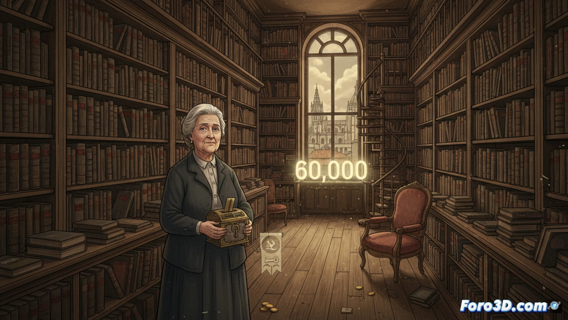 Una anciana librera ordena libros antiguos, estanterías de madera y letreros dorados, en la histórica librería de Burgos, bajo luz tenue.