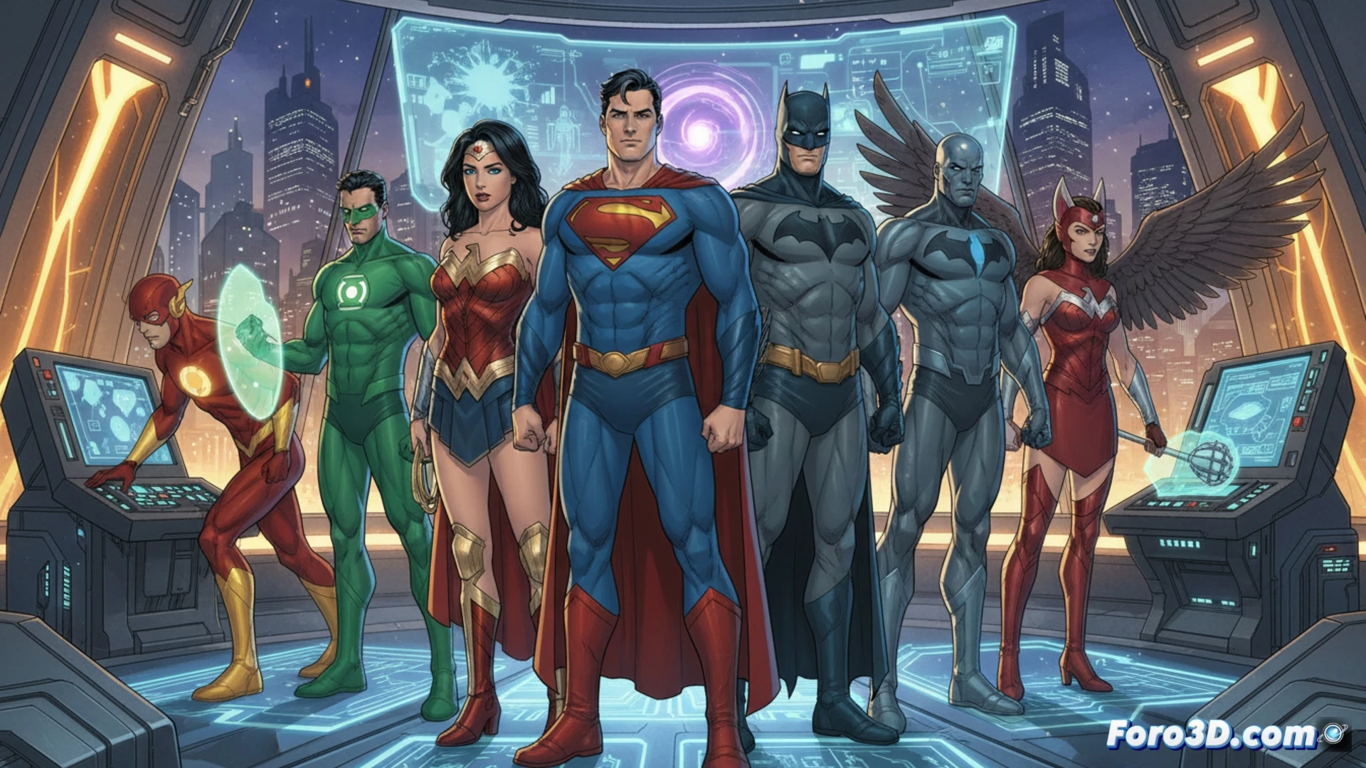Una mesa de juego con dados, fichas de héroe y el manual de Justice League Unlimited, bajo una luz dramática.