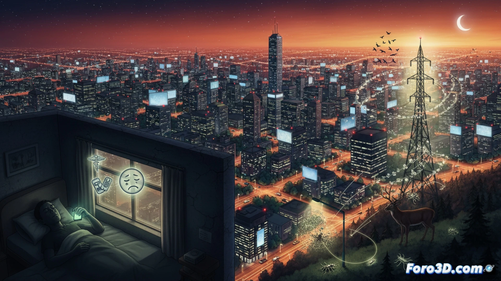 Global city skyline at night, satellite view showing bright urban clusters expanding 16 percent brighter between 2014 and 2022, cold white LED streetlights emitting harsh blue light, sleeping human silhouette in bedroom window with suppressed melatonin represented by faded glowing pineal gland icon, migratory birds flying in disoriented circular paths around illuminated skyscrapers, dead insects scattered beneath a glowing lamppost, nocturnal mammal retreating from encroaching suburban light pollution, cinematic photorealistic satellite imagery aesthetic, ultra-detailed urban lighting gradients, dramatic contrast between dark natural zones and blazing city cores, technical earth observation visualization