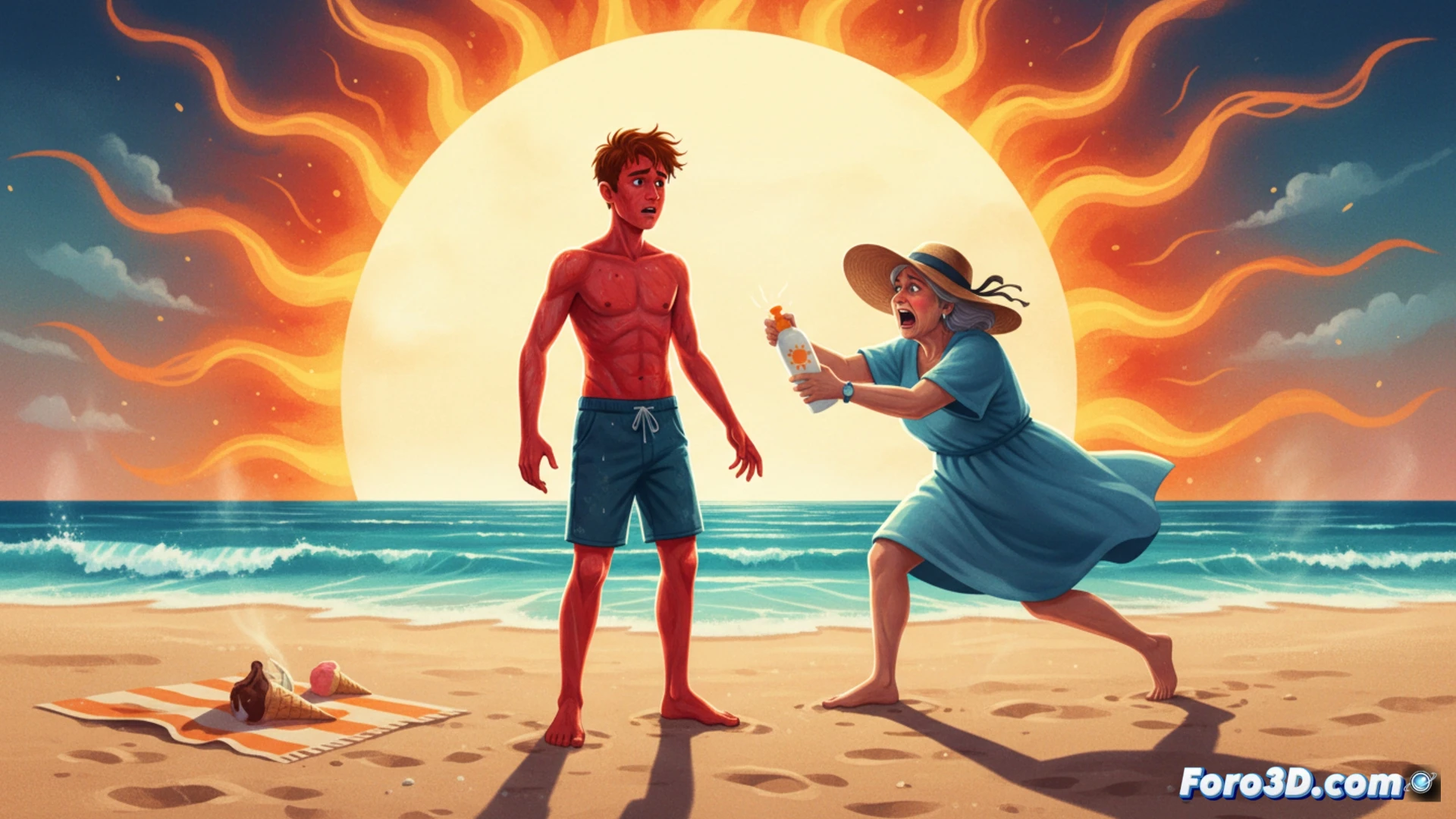 hyperrealistic beach scene, a sunburned young adult lying on a towel with red skin, a frantic mother figure rushing in from the right holding a bottle of sunscreen, the sun blazing directly overhead, a cracked smartphone on the sand displaying a UV index warning app, dramatic golden-hour lighting, intense shadows, sweat droplets on skin, sand grains sticking to oily legs, cinematic family drama composition, photorealistic render, high-contrast summer colors, motion blur on the mother's hand reaching forward