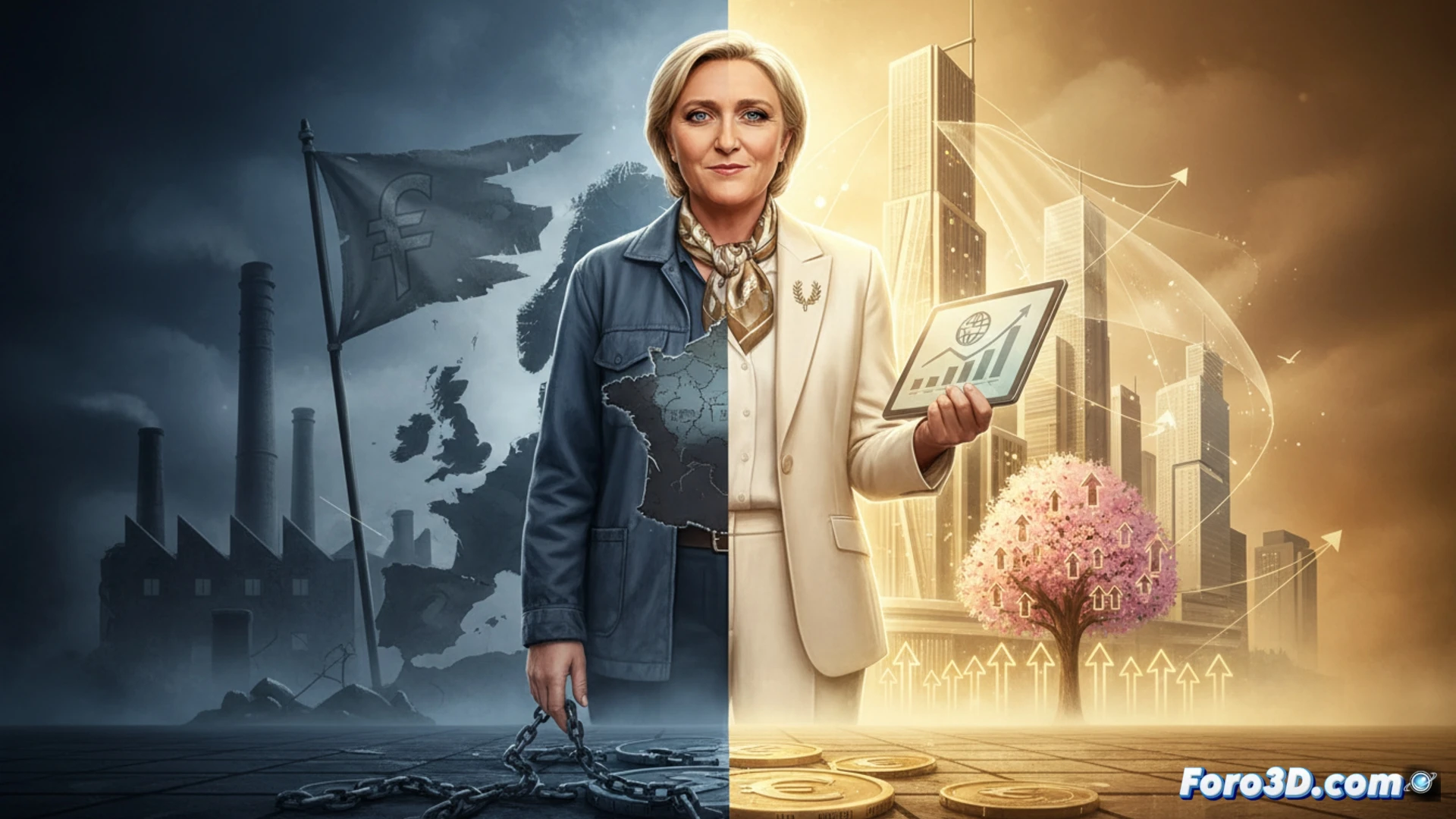 marine Le Pen standing at a podium, one hand gesturing toward a large digital screen showing a fading euro symbol merging into a French flag, while the other hand holds a modern tablet displaying economic growth graphs, audience silhouettes blurred in background, cinematic political documentary style, warm stage lighting contrasting with cool blue screen glow, photorealistic, shallow depth of field, subtle motion blur on her gesturing hand, polished wood podium with microphone, technical campaign visualization