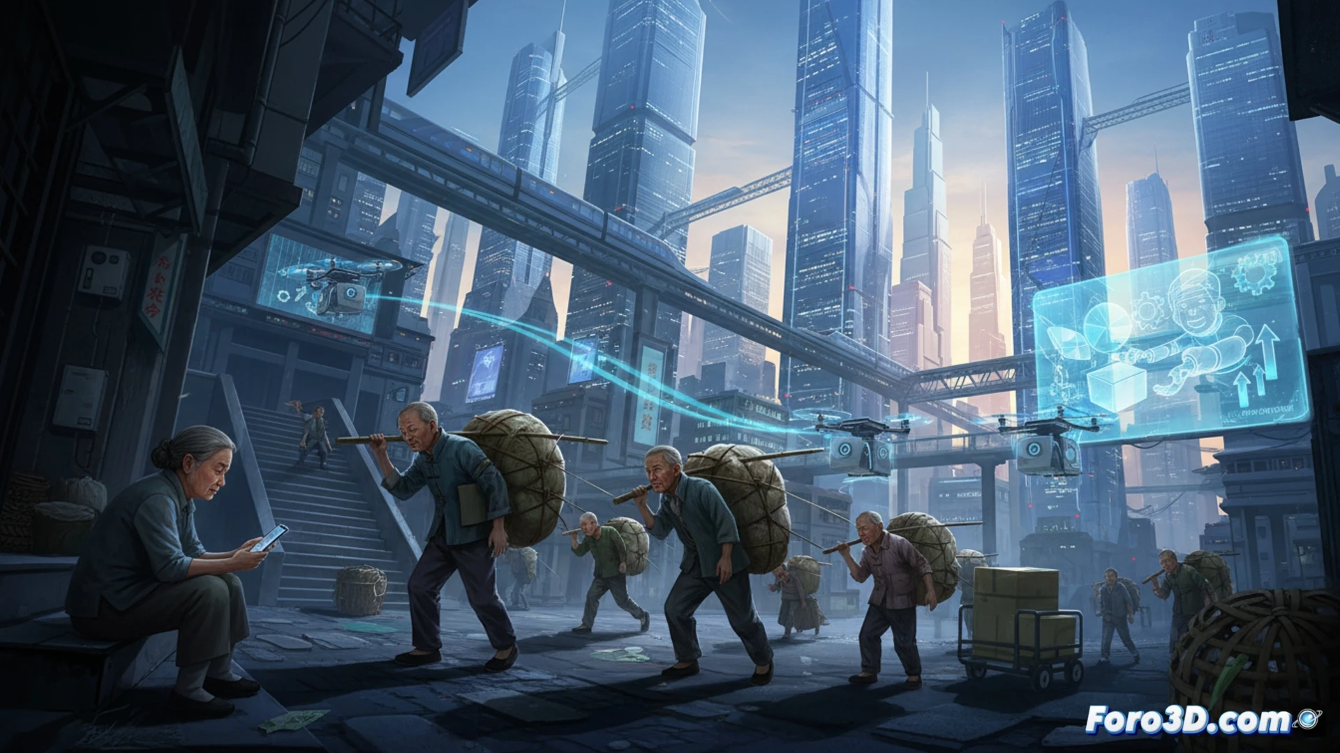 Photorealistic cinematic scene of a steep Chongqing alley at dusk, a bangbang porter in worn clothes struggling under a heavy bamboo pole loaded with boxes, while behind him a sleek autonomous delivery robot glides past on a smooth road, glowing screens on modern towers reflecting on wet pavement, the porter’s wooden shoulder pole and rope contrasting with the robot’s polished metal sensors and LED indicators, motion blur on the robot’s wheels, warm streetlights casting long shadows, dramatic contrast between old labor and new automation, ultra-detailed textures of rough concrete versus smooth tech surfaces, engineering visualization style