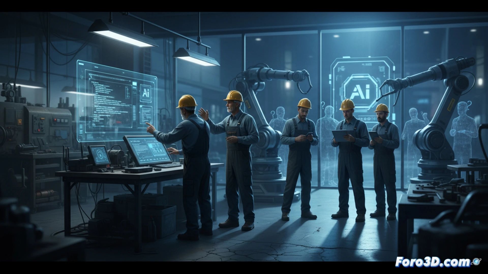small workshop interior, elderly mechanic in grease-stained overalls staring at a tablet showing error message while holding a rusty wrench, dusty CNC machine in background with cobwebs, cracked smartphone on workbench displaying payment declined screen, faded posters of old machinery on brick wall, fluorescent tube flickering above, contrasting shiny new AI terminal box on shelf with unplugged cable, cold blue light from tablet casting shadows, photorealistic technical illustration, dramatic chiaroscuro lighting, ultra-detailed textures of metal grime and peeling paint, cinematic composition emphasizing isolation and obsolescence