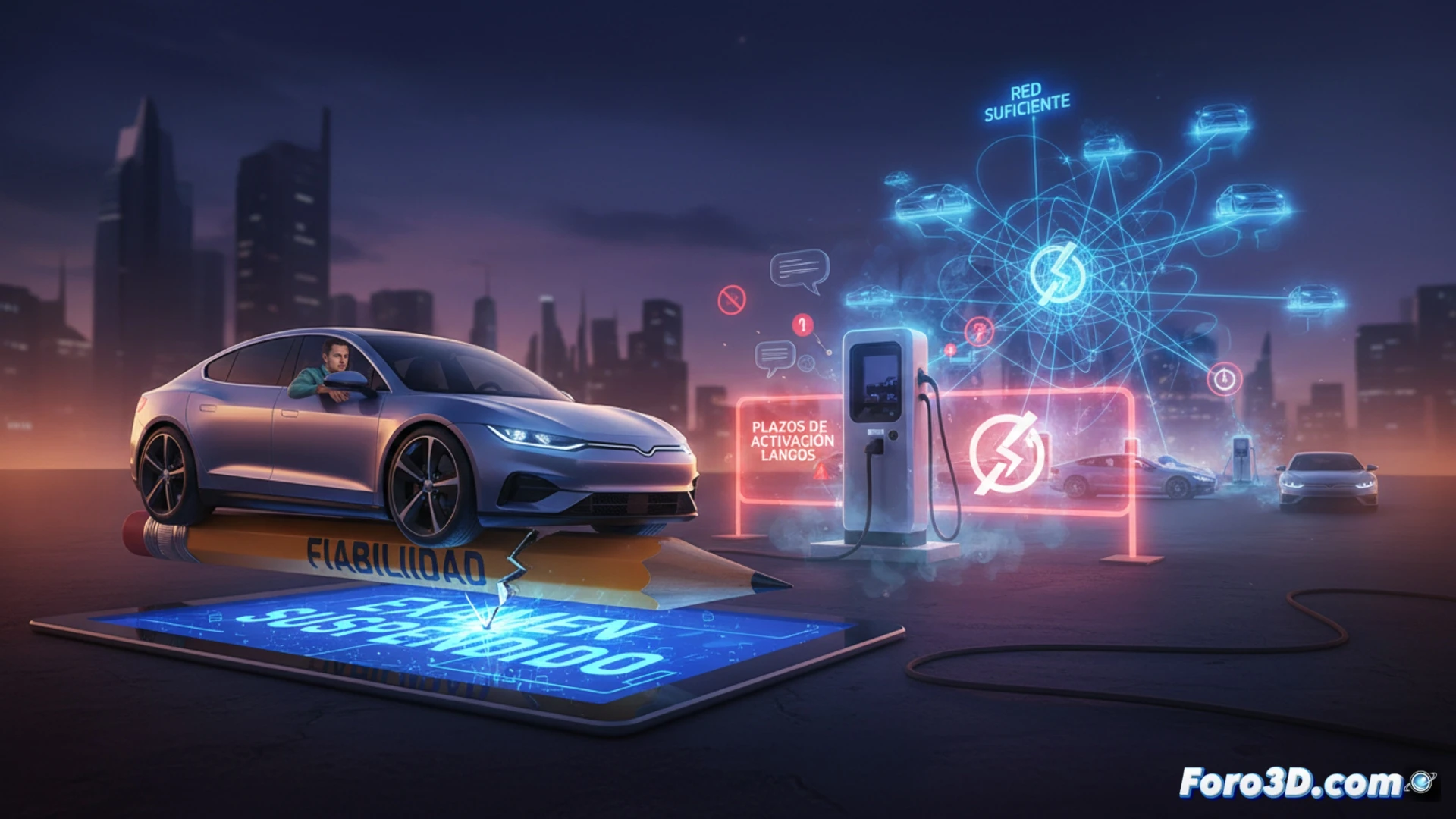 Electric vehicle driver standing beside a charging station in a remote parking lot, hand hovering hesitantly over the connector cable, cracked asphalt surface, single charging point with warning tape around it, distant view of a large modern charging hub with multiple vehicles plugged in, glowing blue LED indicators on both stations, smartphone screen displaying a loading timeout error, dark overcast sky with rain approaching, photorealistic cinematic engineering visualization, dramatic contrast between isolated and crowded infrastructure, ultra-detailed connector handles and cable textures, moody industrial lighting