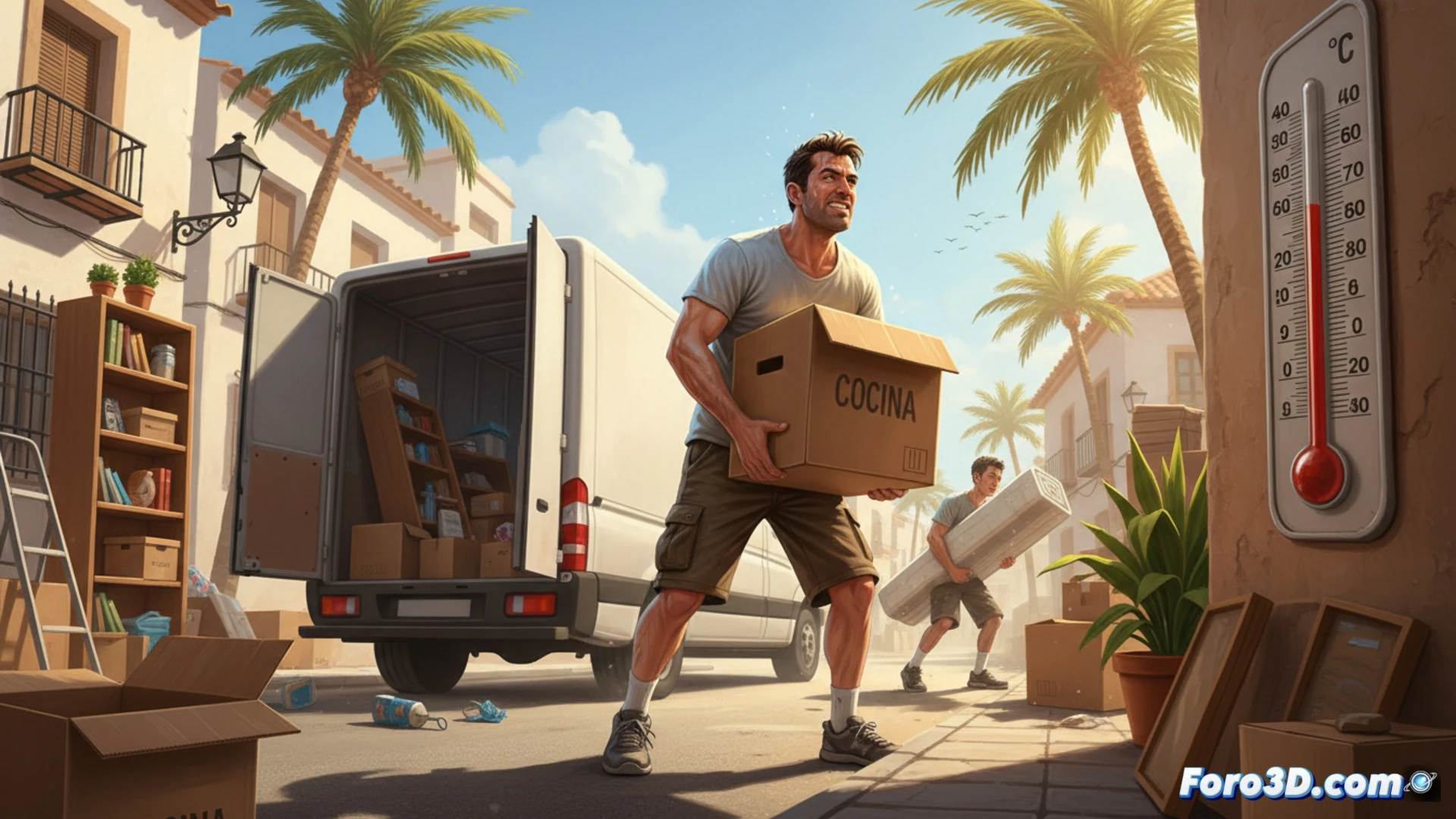 mudanza de verano en España, termómetro digital marcando 40 grados sobre asfalto derretido, hombre cargando cajas de cartón hacia furgoneta blanca sin climatización, gotas de sudor cayendo sobre cinta de embalaje, espalda doblada bajo peso, radiación térmica visible como ondas de calor distorsionando el aire, herramientas de mudanza dispersas: carretilla, precintos, burbujas de plástico, sombras duras de sol cenital, textura granulada de asfalto caliente, estilo cinematográfico realista, iluminación abrasadora de mediodía, detalle extremo en gotas de sudor y polvo, photorealistic technical visualization