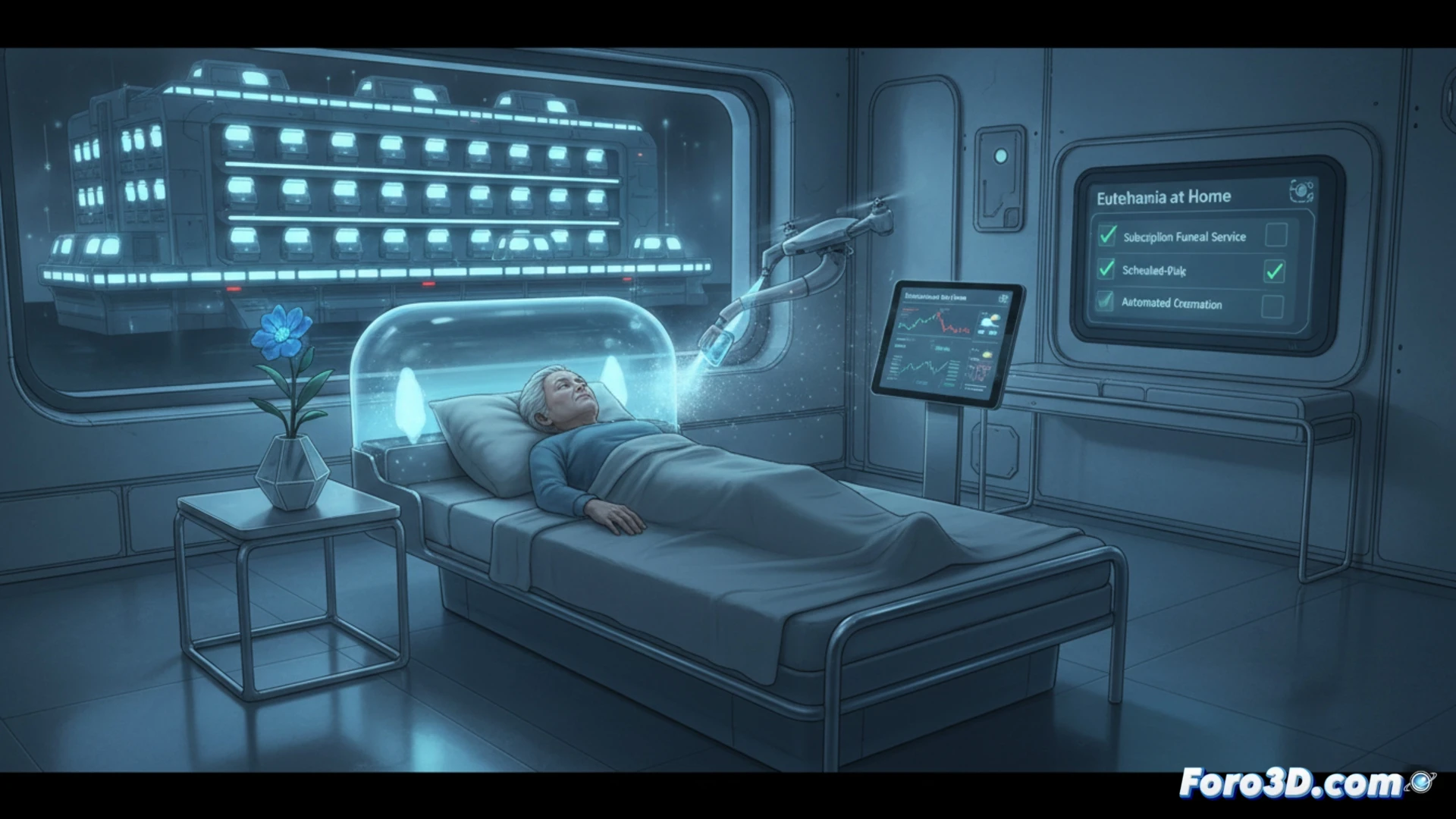A human silhouette standing inside a transparent euthanasia capsule at a sterile white facility, robotic arm inserting a medical port into the arm, glowing digital interface on capsule wall showing subscription status and consent form, no mourners present, only a conveyor belt moving sealed bio-pods toward a cremation chamber, cold blue LED lighting, glossy clinical floors reflecting machinery, photorealistic technical illustration, hyper-detailed medical hardware, smooth plastic surfaces, sterile atmosphere, no visible text or symbols, cinematic wide shot