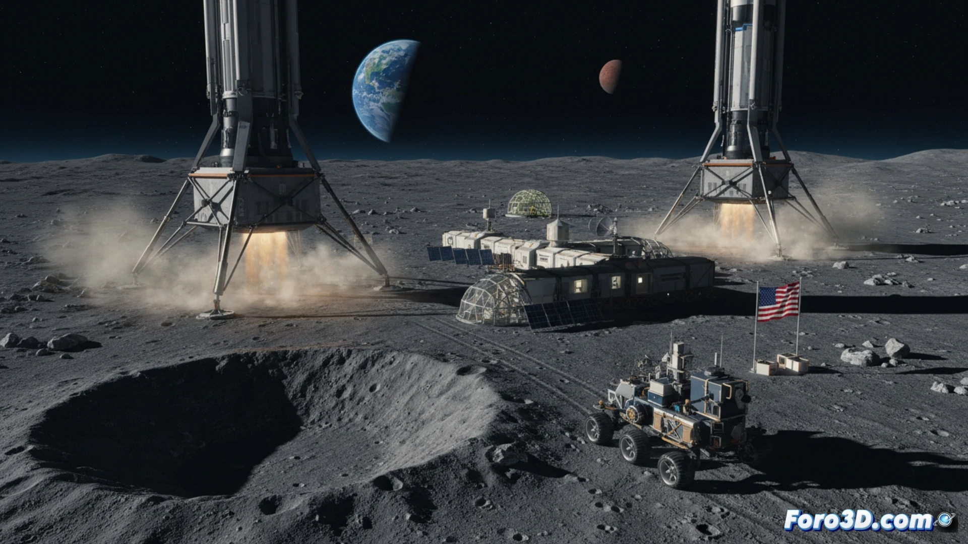 Lunar base construction scene at Moon South Pole, Blue Moon Mark 1 lander touching down on dusty surface, robotic arms deploying solar panels and drilling equipment, Griffin module in background with FLIP rover unloading 500 kg cargo container, astronauts preparing for 2028 mission visible in distant habitat mockup, craters and rugged terrain illuminated by harsh sunlight, stars visible in black sky, cinematic photorealistic engineering visualization, dramatic lighting, ultra-detailed mechanical components, dust particles floating, realistic space hardware textures