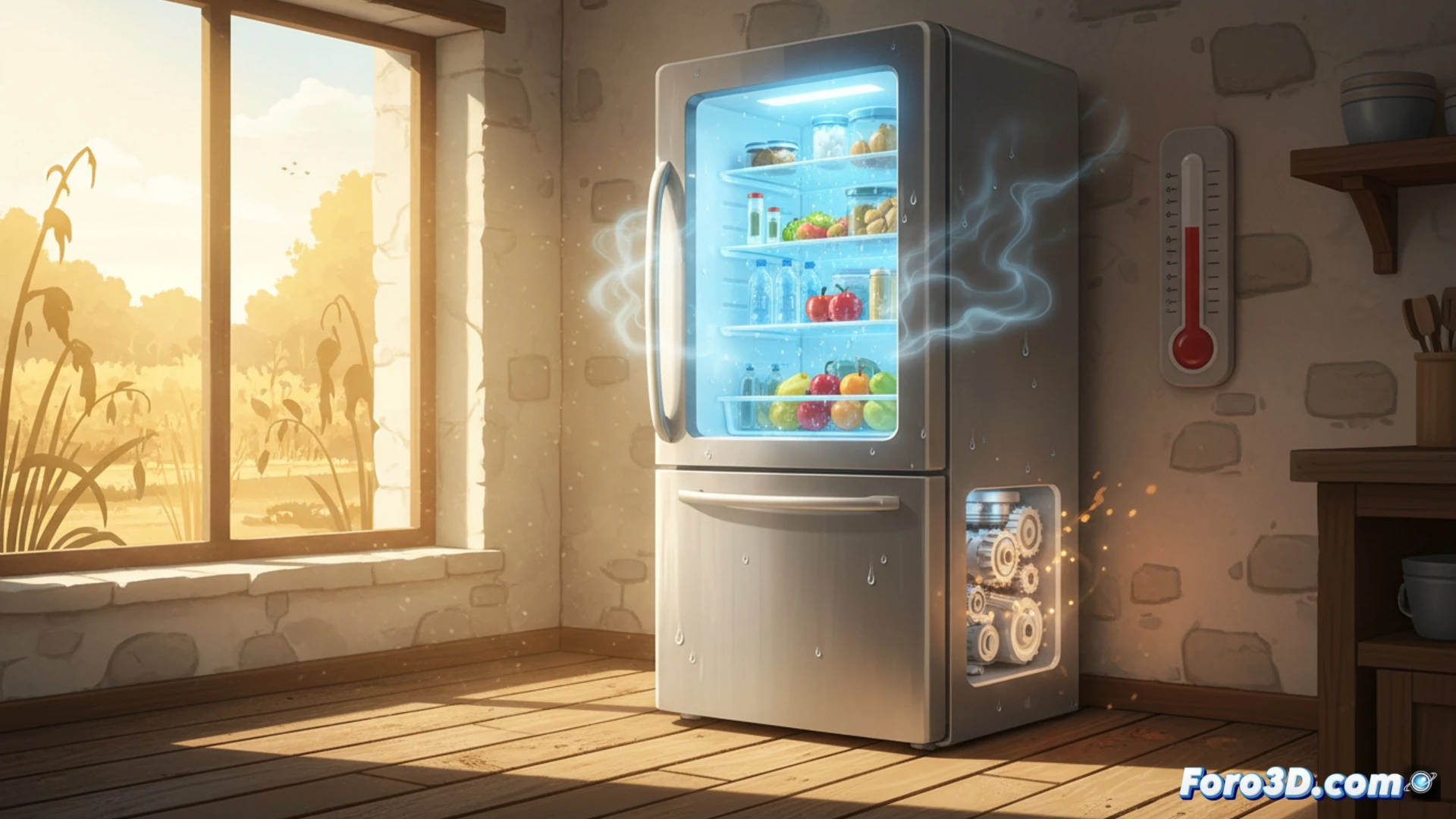 domestic refrigerator compressor cycling on during summer heat, kitchen interior with sunlight streaming through window, thermometer showing high ambient temperature, condenser coils glowing with heat, cool air flowing from freezer compartment while compressor vibrates, condensation droplets forming on glass shelf, energy meter displaying increased power draw, cinematic engineering visualization, realistic appliance materials, warm color temperature contrasting with cold blue interior, dramatic shadows from afternoon sun, photorealistic technical illustration, detailed mechanical components visible through cutaway view