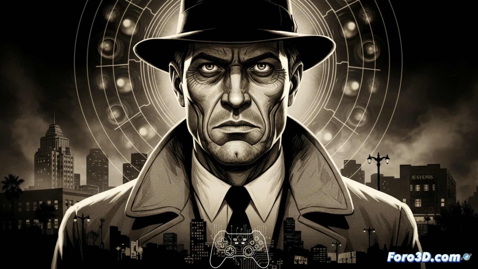 Primer plano del rostro de un actor en LA Noire, con 32 cámaras HD rodeándole y el cuerpo difuminado, simbolizando el enfoque facial del juego.