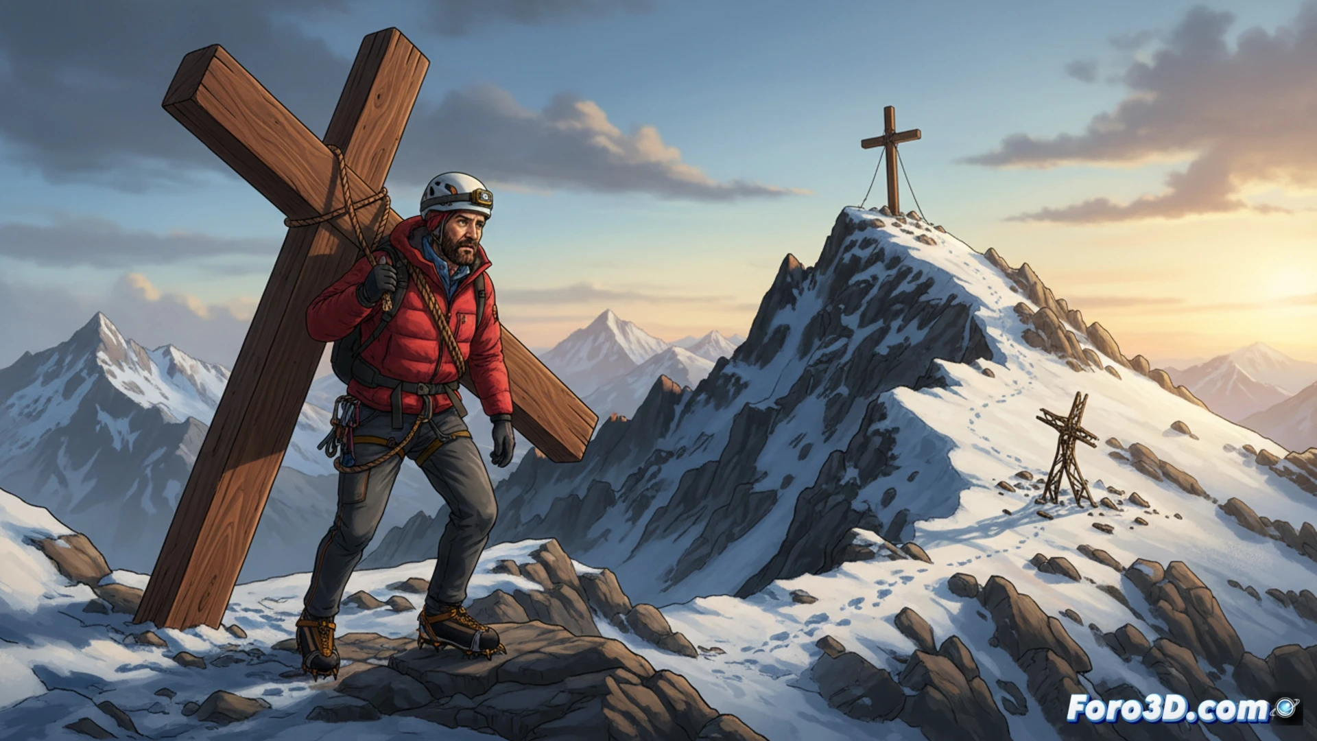Un montañero con mochila enorme avanza hacia la cima nevada del Aneto, cargando una cruz de madera oscura.