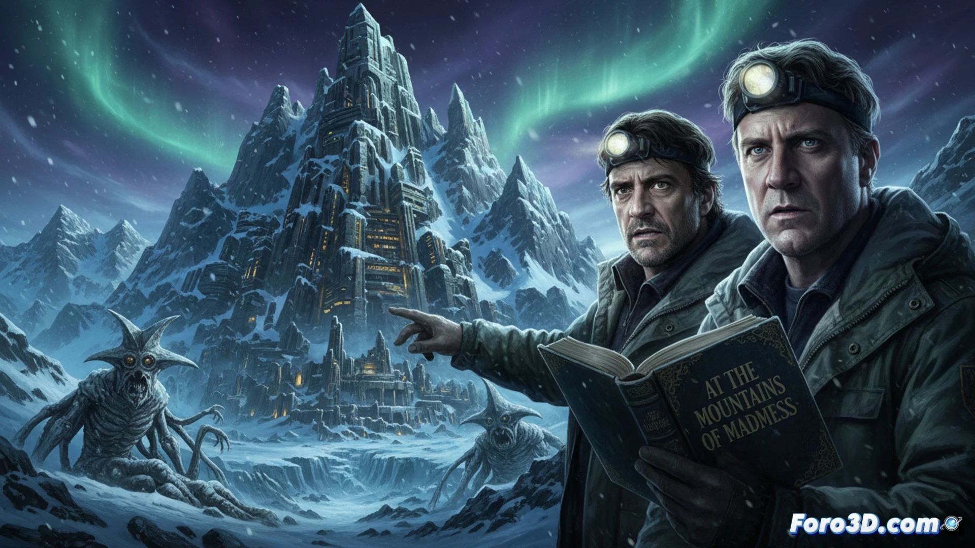 Antarctic ice cave excavation scene, researchers in vintage arctic gear examining massive alien stone wall with geometric carvings, drilling equipment and geological tools scattered on frozen ground, portable arc lights casting dramatic shadows across cyclopean architecture, James Cameron-style cinematic sci-fi visualization, Benicio Del Toro standing at center holding weathered manuscript, towering ice formations glowing blue in background, photorealistic technical illustration, ultra-detailed frost crystals on metal instruments, deep shadows contrasting with harsh lamp illumination, mysterious non-Euclidean angles in stonework, Lovecraftian horror atmosphere, hyperrealistic texture on ancient basalt blocks