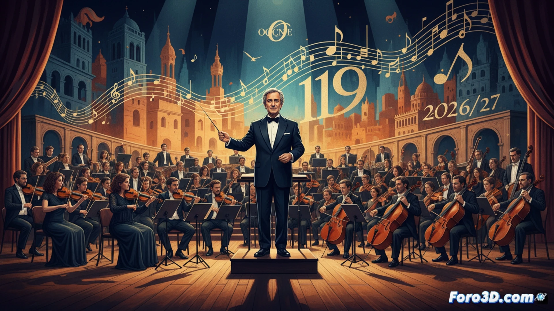 Close-up shot of a conductor s baton in motion, gesturing over a detailed orchestral score on a wooden music stand, orchestra musicians in background playing string instruments, soft spotlight illuminating the score and baton, concert hall stage with acoustic panel walls, subtle motion blur on baton tip indicating action, warm ambient lighting reflecting off brass instruments, photorealistic cinematic style, professional concert photography aesthetic, high contrast between shadow and light on sheet music