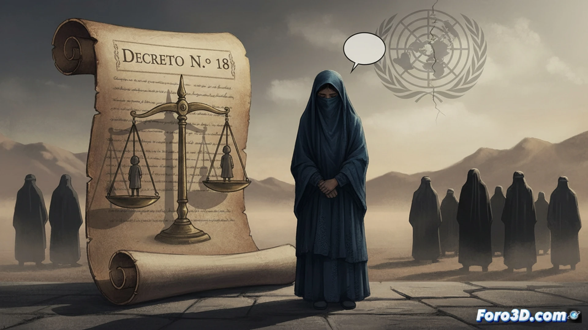 Afghan village scene at dawn, a young girl in a worn chador standing silently beside an elderly mullah holding an open decree book, her hands limp at her sides while a group of men observe, cracked mud wall behind them, a single rusted padlock on a wooden door, dust particles floating in pale light, photorealistic documentary style, muted earth tones, shallow depth of field emphasizing the girl's expressionless face, gritty texture on walls, harsh shadows from low sun, cinematic humanitarian photography aesthetic, no visible text or numbers.