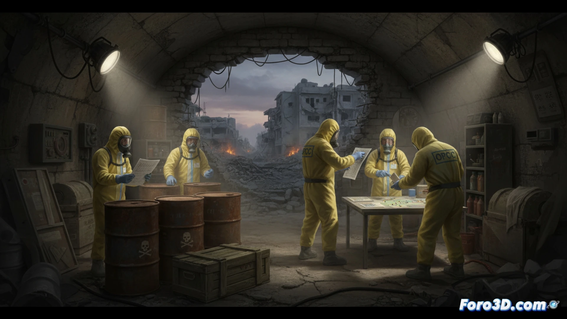 OPCW inspectors in hazmat suits examining rusted chemical weapon barrels in a dimly lit underground bunker, Hama industrial complex, broken concrete floor, scattered documents with technical diagrams, yellow hazard signs on walls, portable chemical analyzers glowing green, decontamination spray equipment in foreground, dramatic chiaroscuro lighting, dust particles suspended in air, photorealistic technical illustration, industrial decay atmosphere, ultra-detailed protective gear and weapon casings, cinematic documentary style