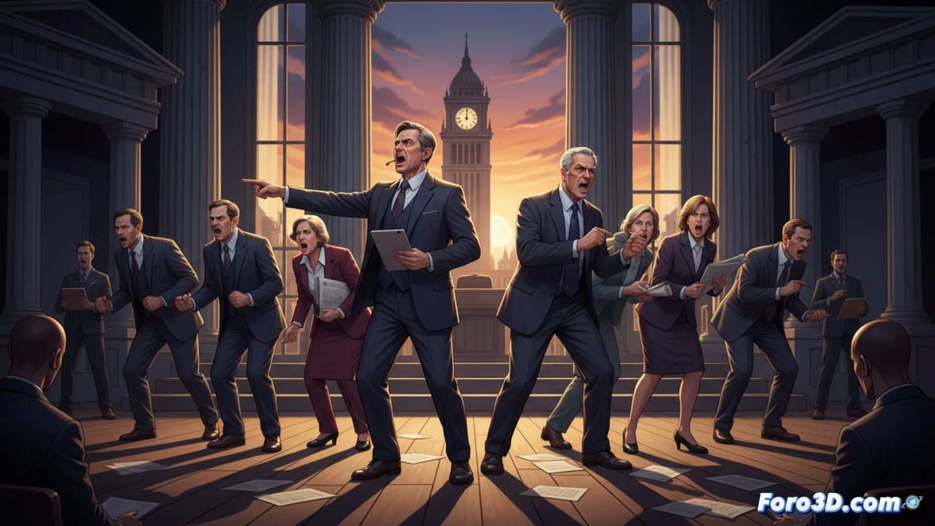 political opposition actors rehearsing scripted fury at dawn, stage lights illuminating a minimalist parliamentary set, one figure mid-gesture with clenched fist while holding a paper script marked with stage directions, another politician checking a smartphone with a rehearsal schedule app, teleprompter displaying emotional cues, coffee cup on podium, motion blur on hands during exaggerated angry pointing, photorealistic cinematic style, dramatic morning light through venetian blinds casting striped shadows, hyper-detailed facial expressions showing calculated rage, professional theater makeup visible, technical theater equipment in background, cold blue and warm amber lighting contrast, ultra-sharp focus on script pages and gestures