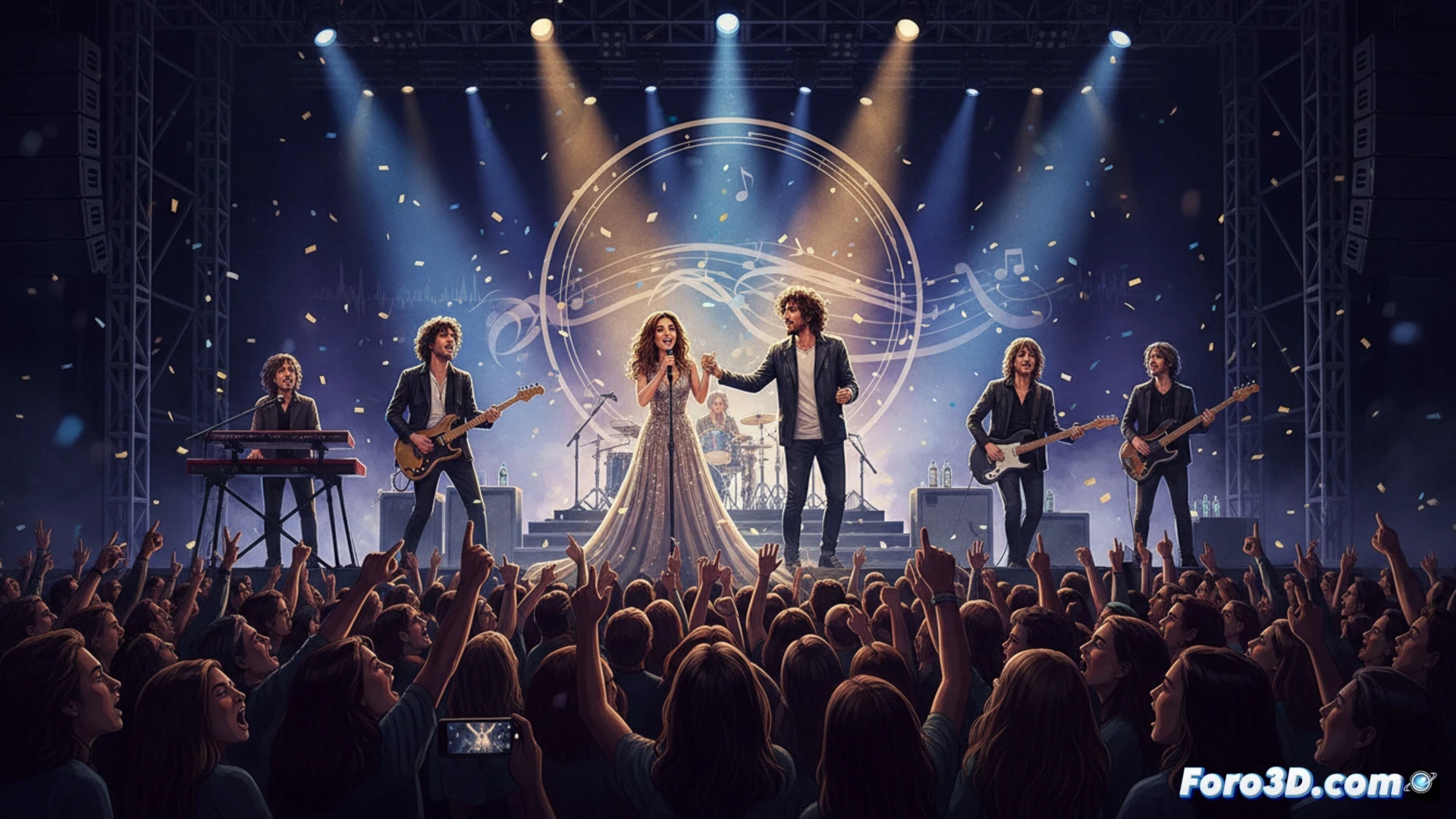 Un escenario iluminado, Amaia Montero y La Oreja de Van Gogh abrazados, público emocionado coreando.