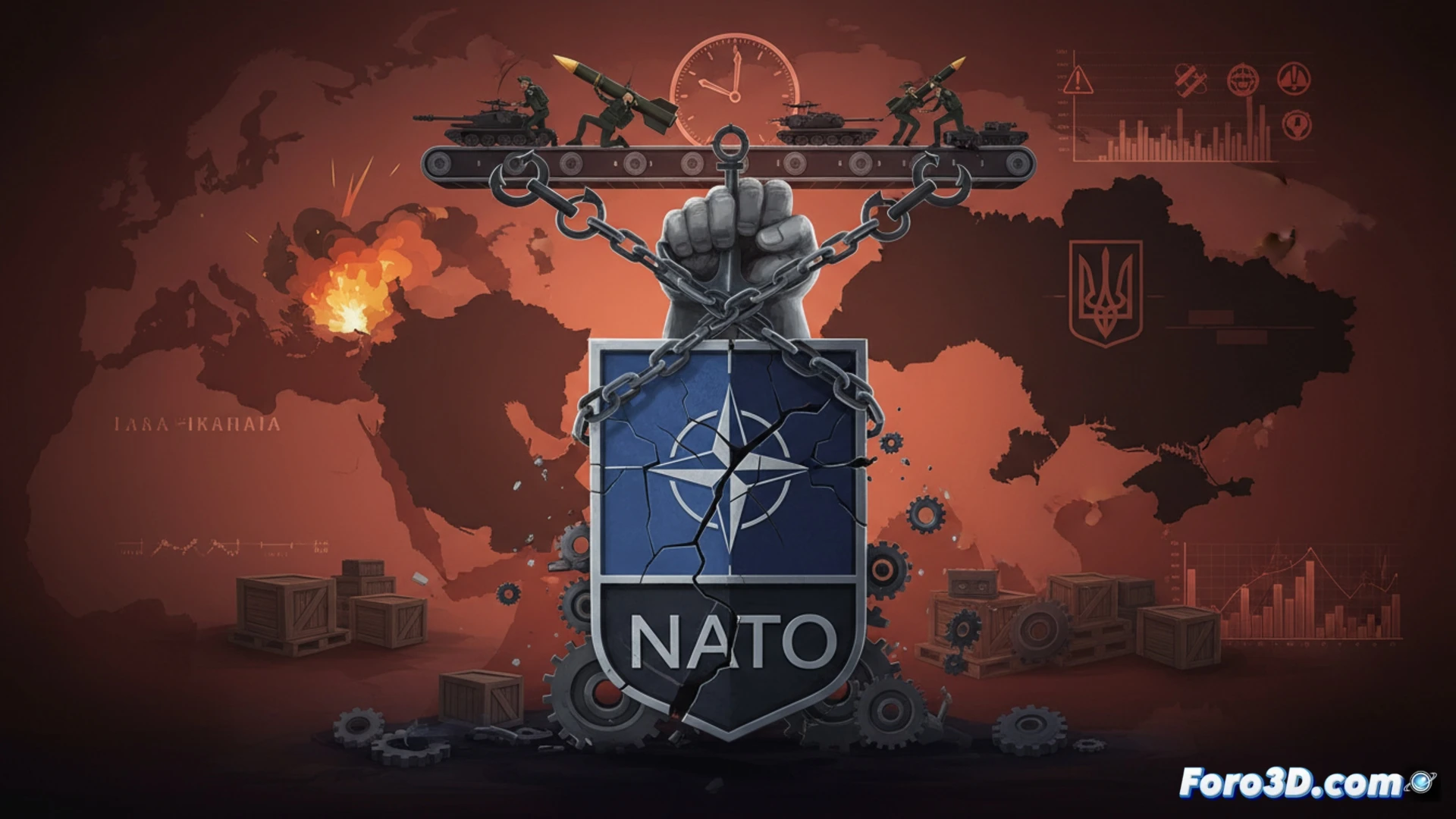Global supply chain bottleneck visualization, military cargo ship blocked at chokepoint near Strait of Hormuz, factory assembly lines halted with empty conveyor belts, robotic arms idle over unfinished missile components, engineering blueprint holograms flickering with red warning indicators, cinematic photorealistic technical illustration, dramatic industrial lighting casting long shadows, metallic debris scattered on factory floor, smoke rising from distant oil refinery, ultra-detailed mechanical structures, realistic industrial decay atmosphere, wide-angle perspective showing scale of production crisis