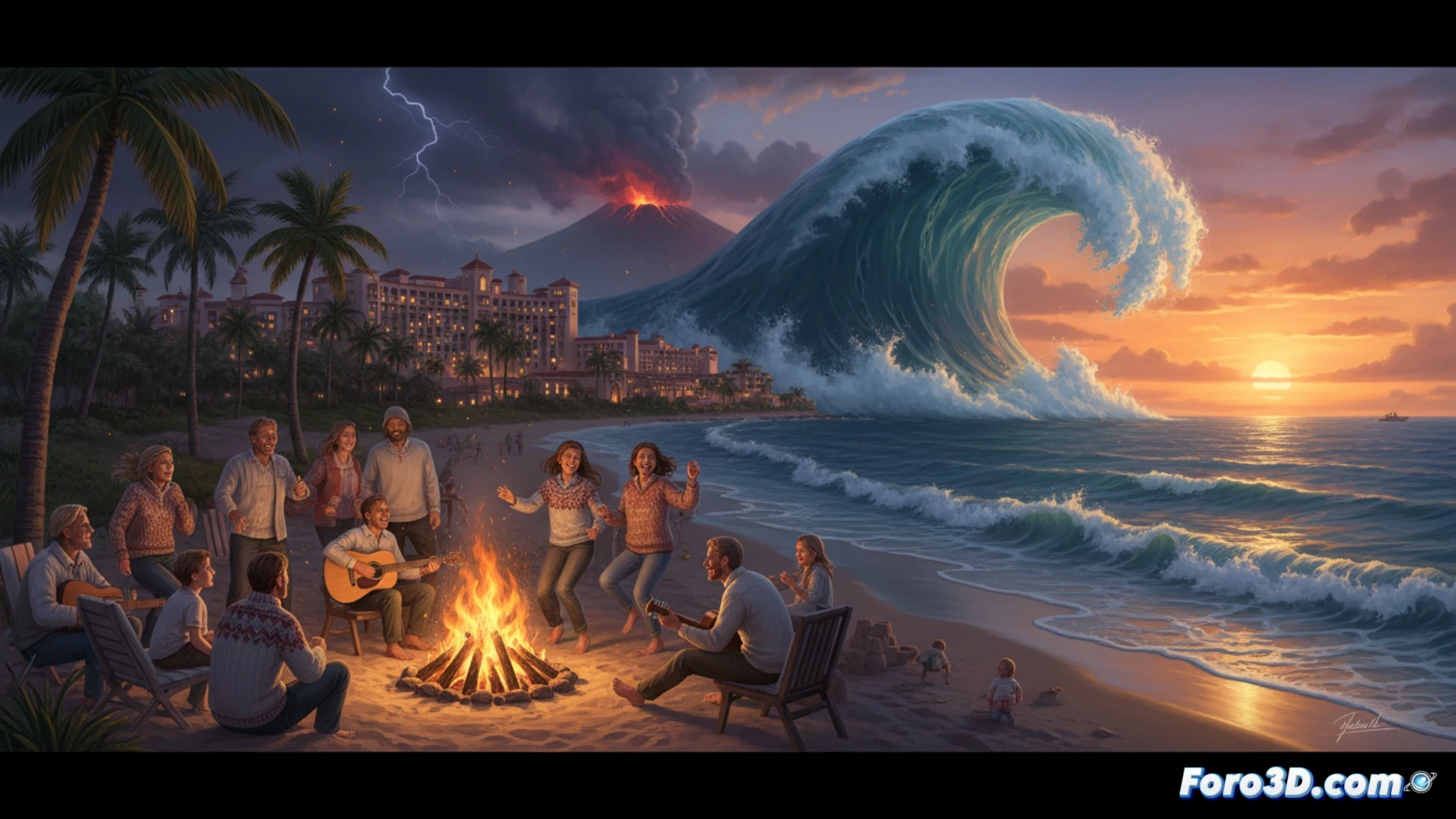 Cráter humeante y olas gigantes sobre una comunidad noruega en Florida, con el logo de Netflix y texto 2027.