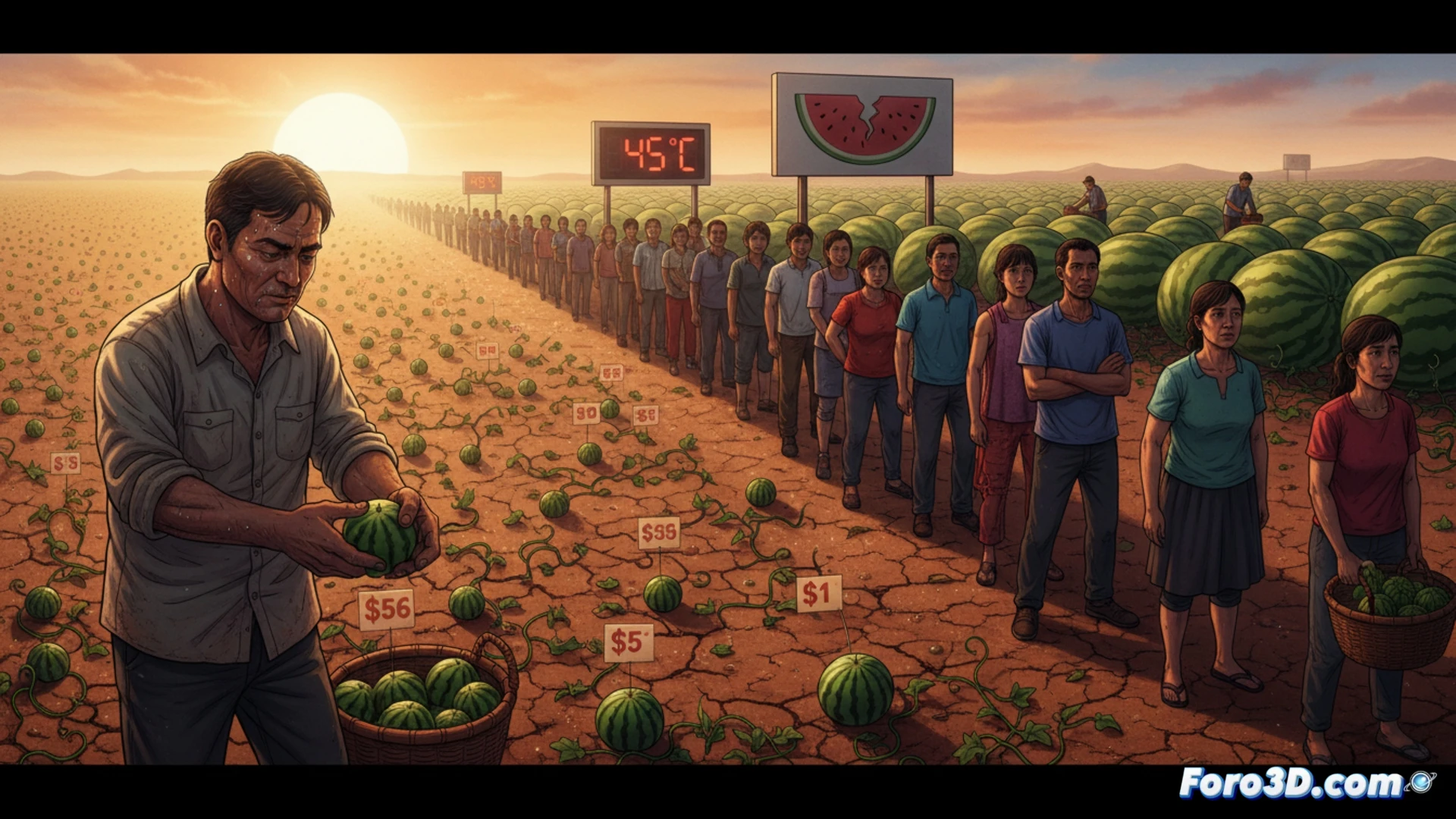 cinematic photorealistic scene of an empty fruit market display stand at golden hour, wooden crates stacked with only small unripe watermelons, a farmer in the background sweating under 35 degree heat while checking a digital harvest monitor showing delayed ripening data, a customer reaching for the last small melon with disappointed expression, wilting leaves on vines visible behind the stand, harsh sunlight casting long shadows, dust particles floating in the air, technical agricultural context with soil moisture sensors and temperature gauge visible on a nearby crate, dramatic contrast between hot orange sky and cool green melon rinds, ultra-detailed produce texture, realistic market environment