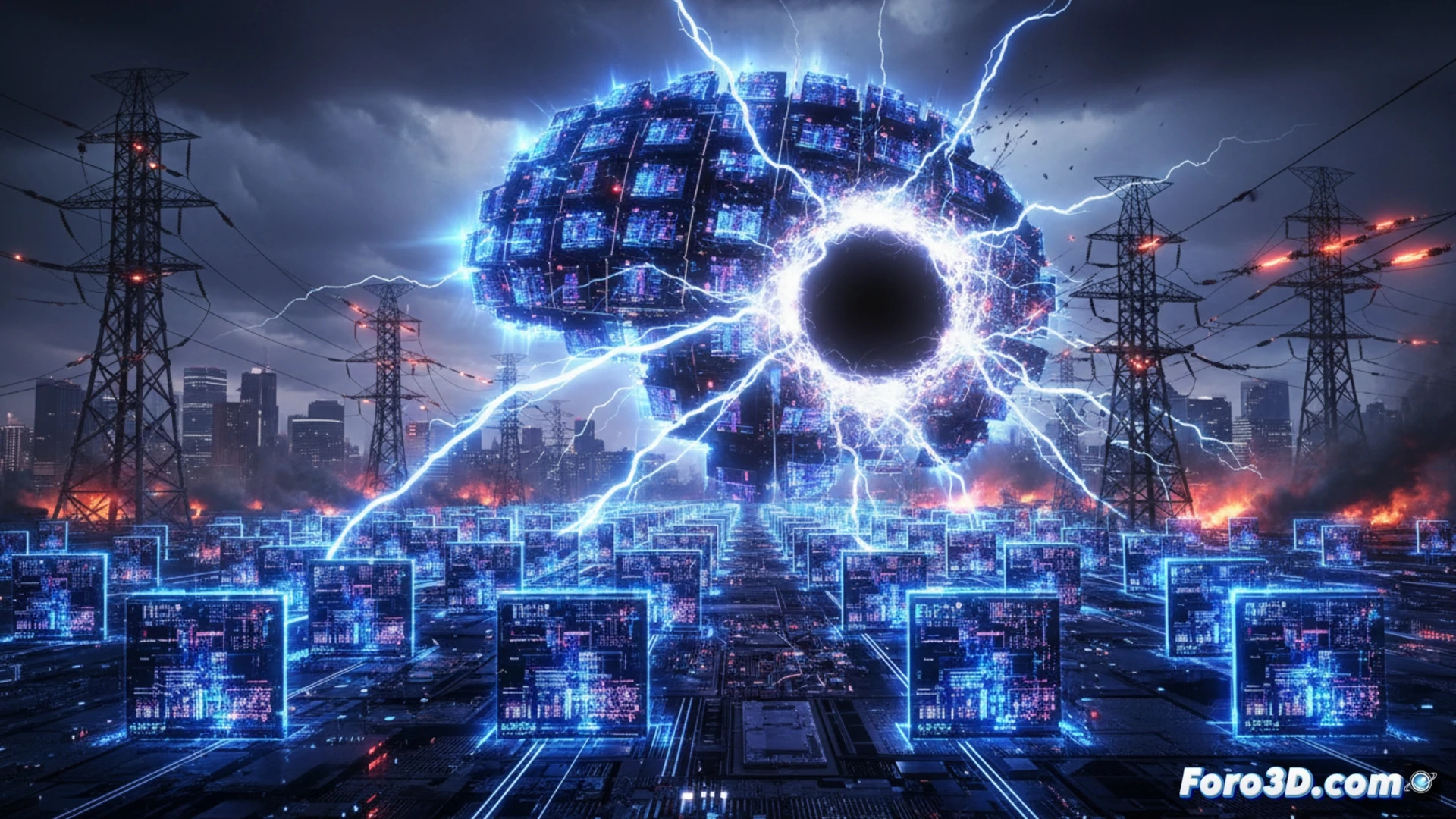 [Clúster de GPUs en un centro de datos con luces parpadeantes y cables eléctricos sobrecargados, ambiente tecnológico futurista]