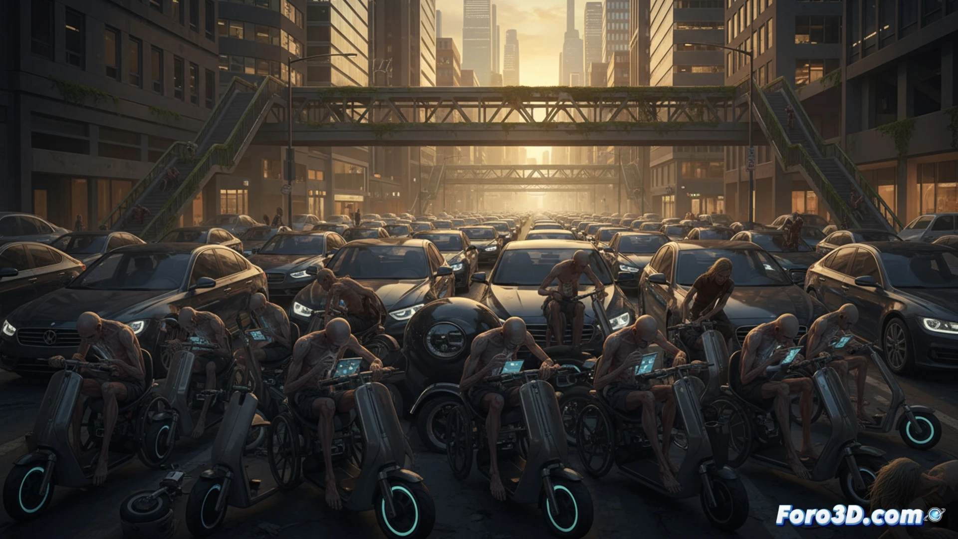 Una ciudad futurista con patinetes y coches autónomos abarrotando las calles, mientras personas sedentarias, encorvadas sobre pantallas, apenas se mueven; niños inmovilizados en sillas con ruedas, mirando dispositivos, con piernas atrofiadas y aceras llenas de obstáculos.