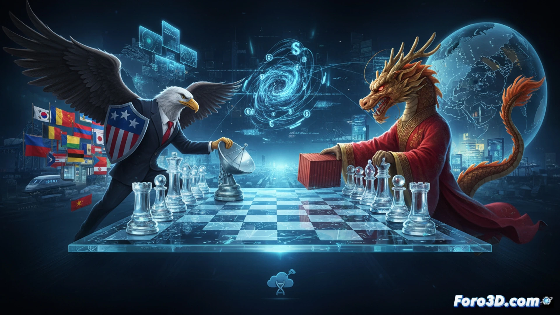 Photorealistic cinematic scene of a global chessboard split between two superpowers, left side showing a US semiconductor fabrication plant with glowing blue server racks and robotic arms assembling microchips, right side displaying a Chinese high-speed rail network with cargo ships docking at a Belt and Road port, digital trade routes pulsing with red and blue data streams colliding at the center, a climate monitoring satellite hovering above transmitting green data waves while a health research lab interface flickers with shared virus genome sequences, dramatic low-angle lighting, ultra-detailed metallic textures, glowing circuit board patterns on the chessboard surface, photorealistic technical illustration style