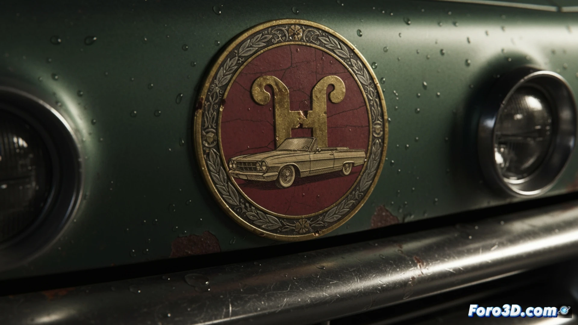 vintage car engine bay with open hood, mechanic inspecting original mechanical components with a flashlight, yellow historical vehicle badge attached to front grille, classic car restoration workshop background, old tools and spare parts on workbench, dust particles in sunlight streaming through window, cinematic photorealistic technical illustration, warm ambient lighting highlighting worn metal surfaces and patina, ultra-detailed engine block and wiring, dramatic shadows emphasizing authenticity and age