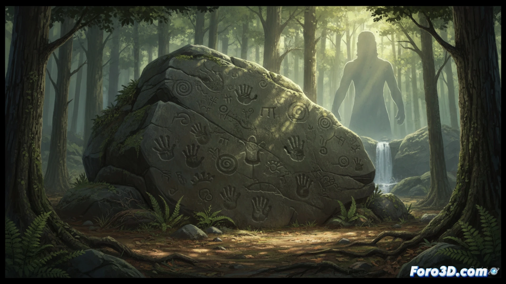 massive twelve-ton soapstone block in misty forest clearing, ancient petroglyphs covering entire surface, seven-fingered handprints and concentric circles carved into weathered rock, Cherokee elder pointing at mysterious symbols while kneeling beside the stone, technical archaeological documentation scene, measuring tools and brushes placed on the ground, dramatic low-angle cinematic lighting through tree canopy, moss growing in carved grooves, photorealistic historical artifact visualization, ultra-detailed stone texture showing tool marks and natural erosion, mysterious atmospheric shadows, scientific investigation atmosphere