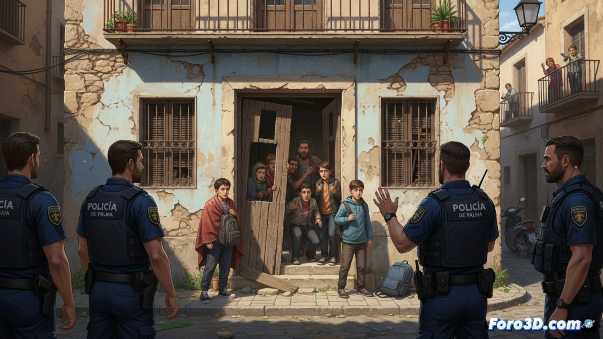Agentes de policía frente a una puerta forzada, con siete menores y adultos detenidos en una calle residencial de Palma.