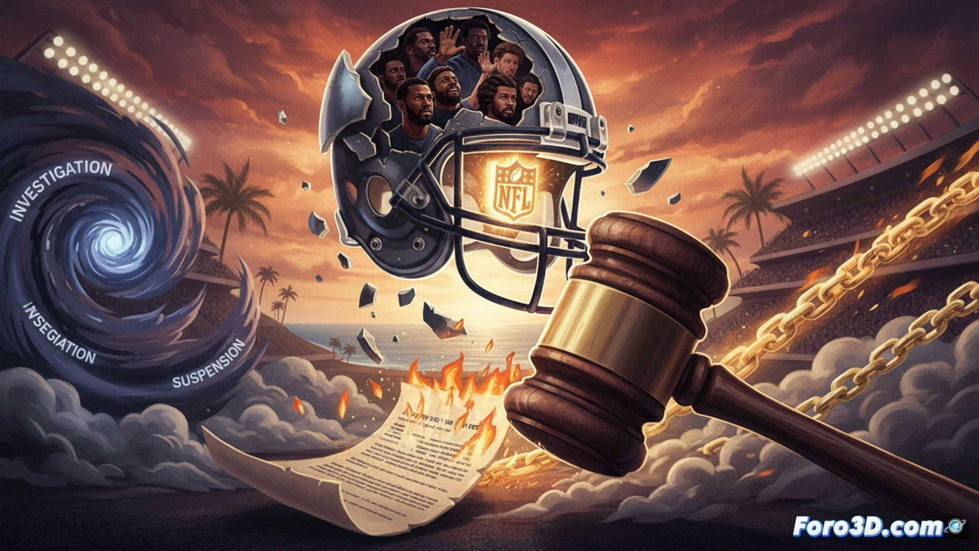NFL executive boardroom under legal scrutiny, a gavel striking a pile of legal documents labeled with diversity policies, a coach of color sitting alone at an empty interview table while a shadowy figure removes a framed Rooney Rule plaque from the wall, forensic magnifying glass hovering over a contract clause, cinematic photorealistic corporate thriller lighting, warm wood paneling contrasting with cold blue monitor glow, tension through body language and symbolic action, ultra-detailed textures of leather chairs and paper fiber, dramatic chiaroscuro shadows