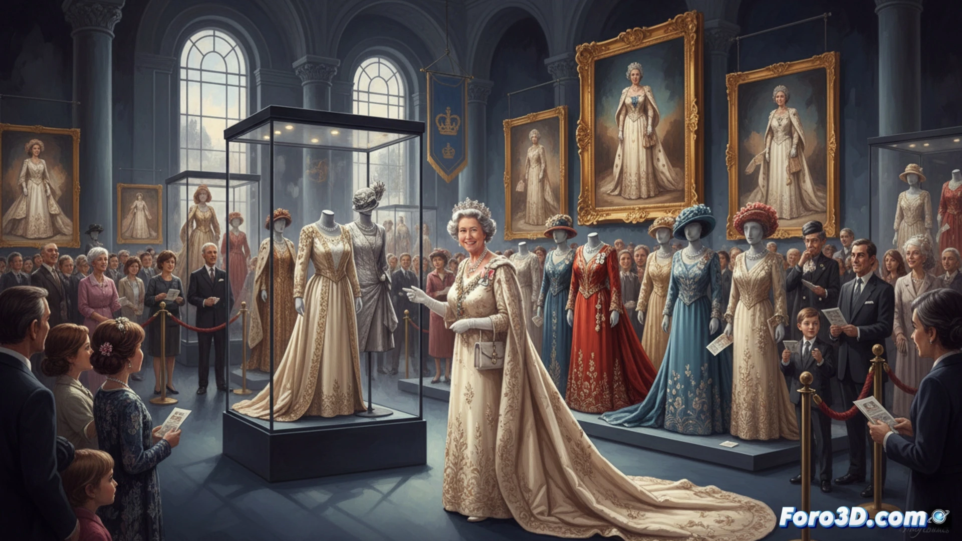 royal exhibition hall interior with mannequins displaying Queen Elizabeth II iconic outfits across seven decades, visitors walking between glass display cases while studying garment details, fashion archive pieces arranged chronologically from 1950s to 2020s, soft spotlighting on silk gowns and ceremonial hats, museum security cameras and climate control vents visible on ceiling, crowd flow management barriers showing high visitor density, cinematic photorealistic museum documentation style, warm wood paneling contrasting with cool LED case lighting, historical textile preservation conditions demonstrated, ultra-detailed fabric textures and jewelry reflections, dramatic depth of field with focused foreground dress and blurred background visitors